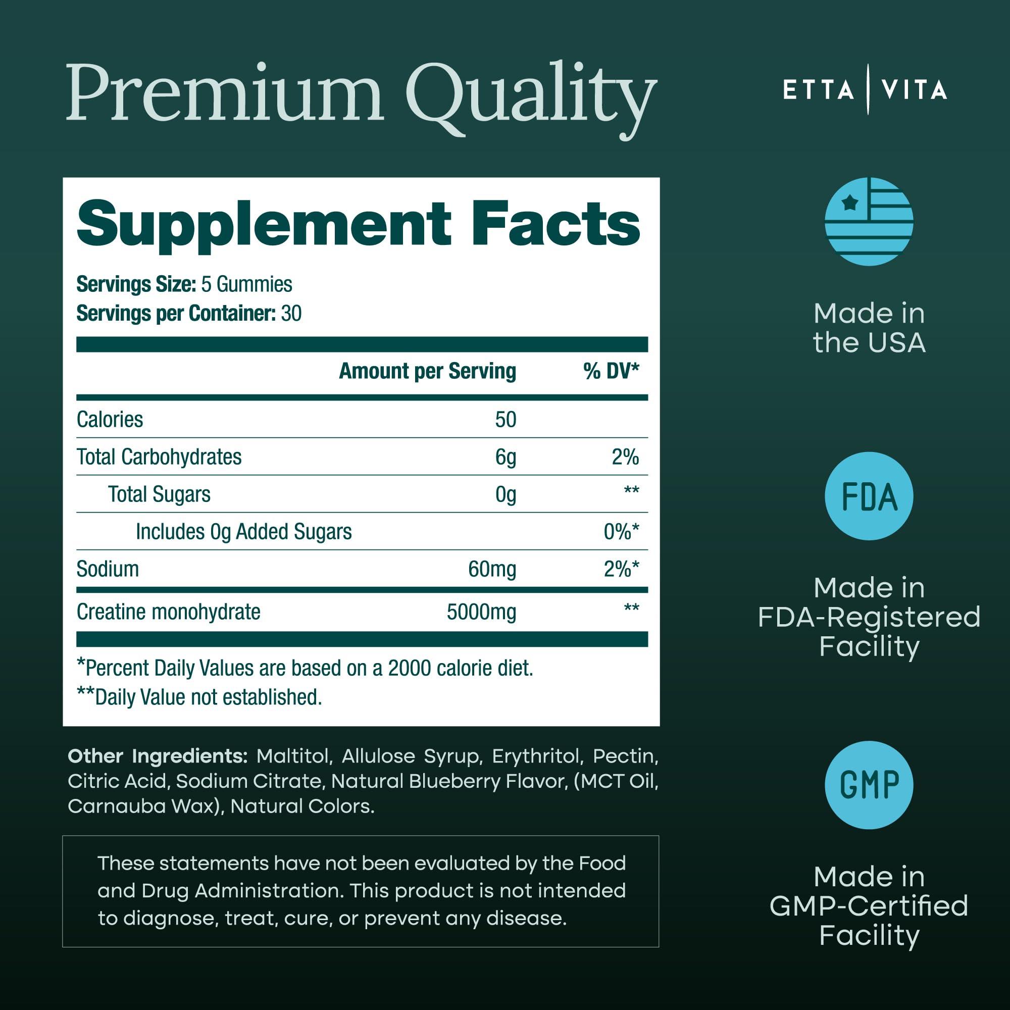 Etta Vita Sugar-Free Creatine Monohydrate Gummies (1g/Gummy) Potent Creatine Gummies for Men & Women, Creatine Supplement for Muscle Support, Cellular Energy, Cognitive Function - Non-GMO, Gluten-Free, Vegan