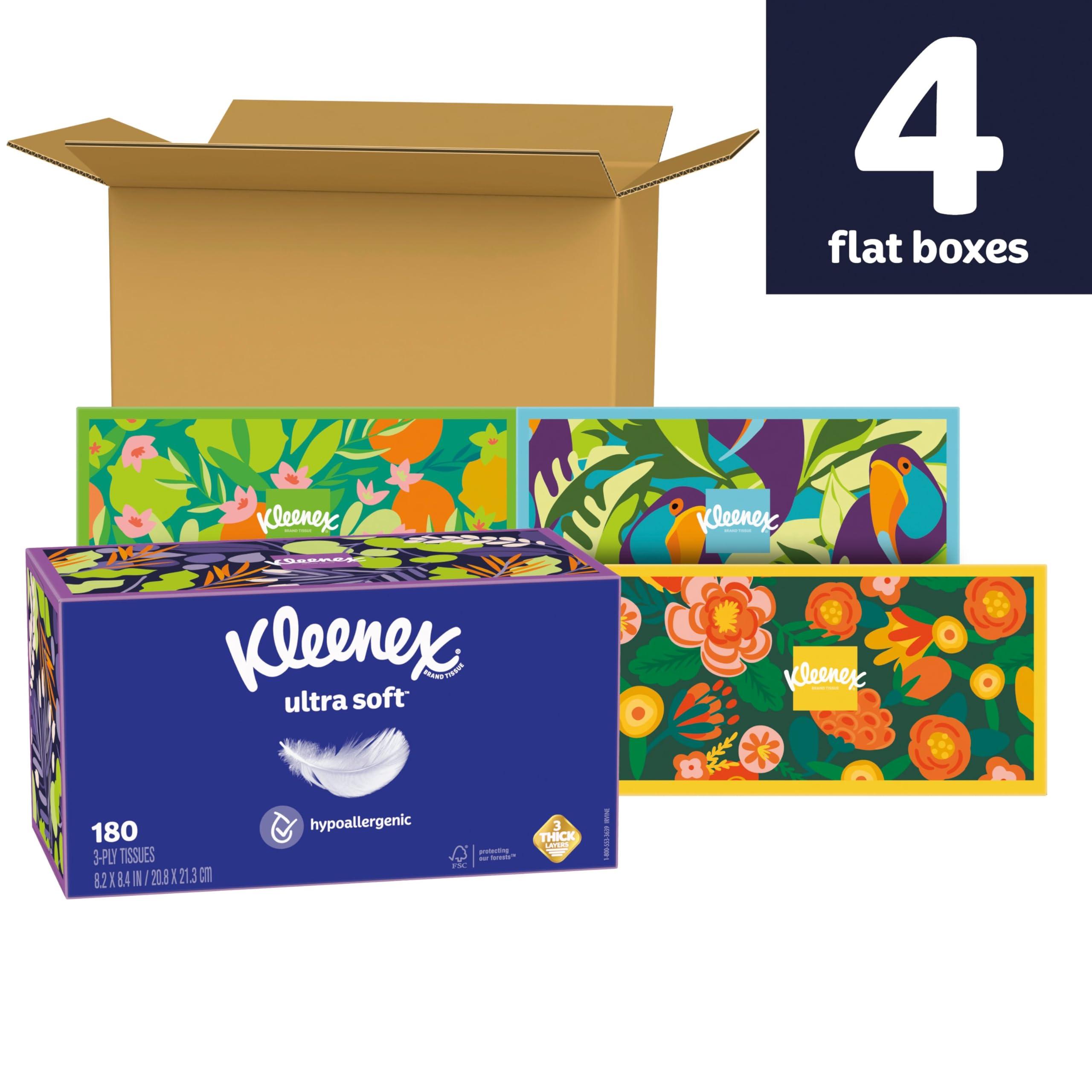 Kleenex Kleenex Ultra Soft Facial Tissues, 4 Flat Boxes, 180 Tissues per Box, 3-Ply, Packaging May Vary