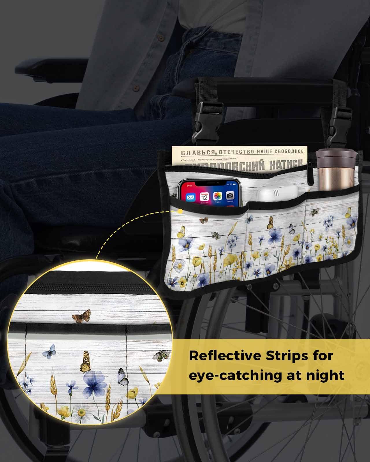 Yukro Wheelchair Bag, Vintage Wood Grain Blue Yellow Flowers with Butterfly Wheelchair Armrest Side Bag, Armrest Pouch Organizer Bag with Reflective Stripes for Walker, Rollator, Electric Scooter