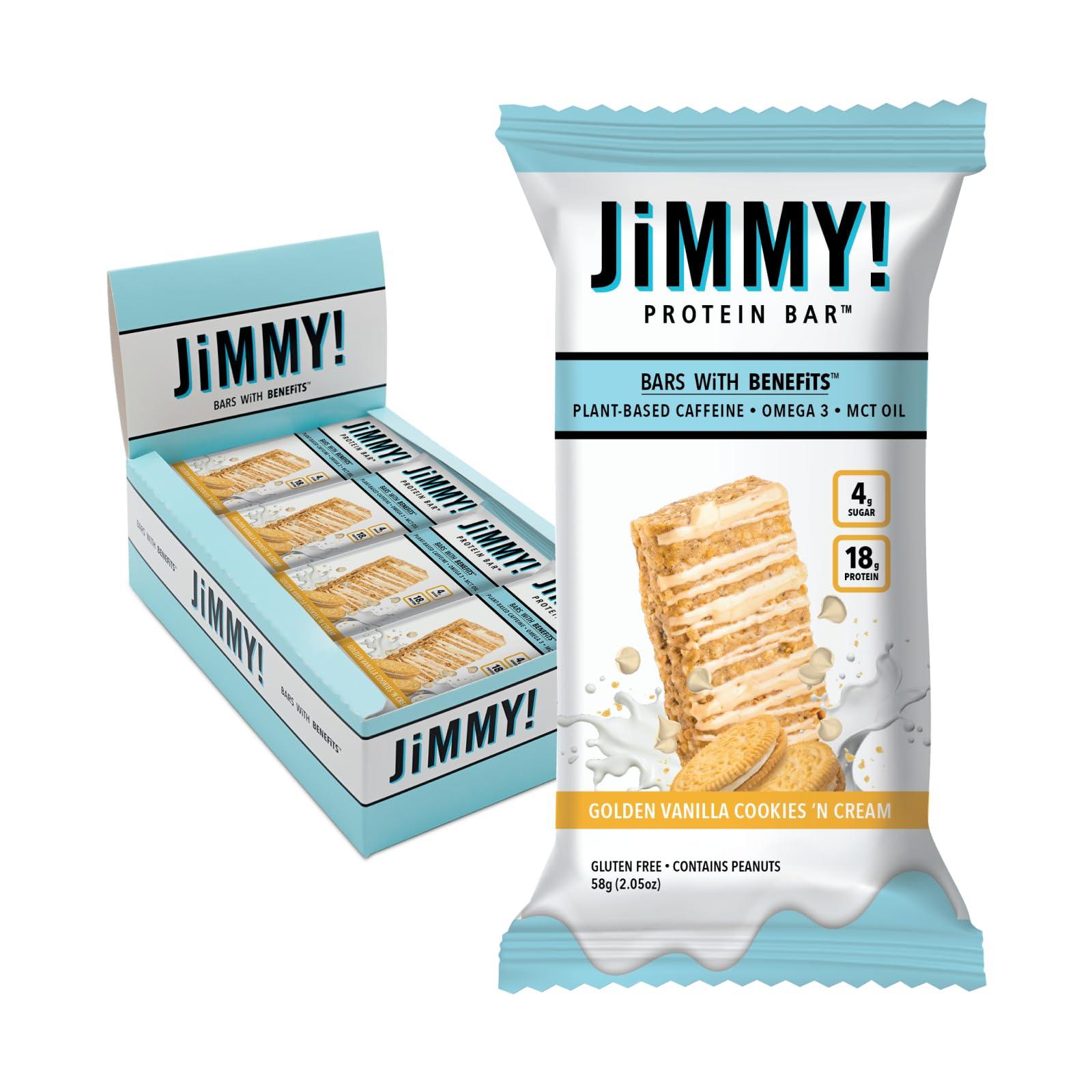 JIMMYBAR JiMMY\'S! Functional Protein Bars - Golden Vanilla Cookies and Cream -12 Count | 18g High Protein, Plant-Based Caffeine & Omega 3, Low Sugar, Gluten-Free, Energy Boosting