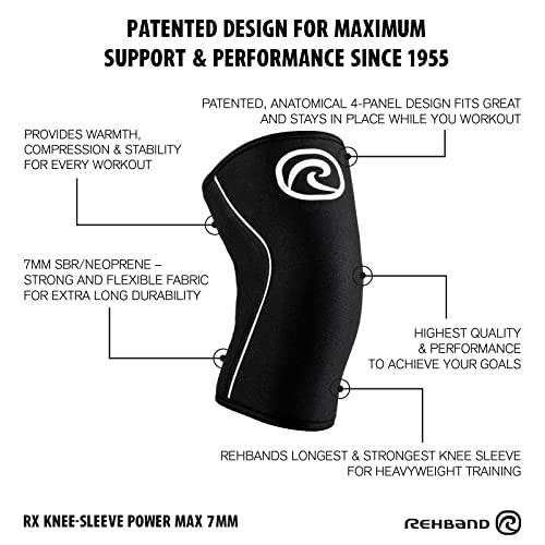 Rehband Rehband Rx Knee Sleeve Power Max, 1 piece, knee support 7mm neoprene, strongman, heavy lifting, longest knee sleeve, Colour:Black, Size:XS