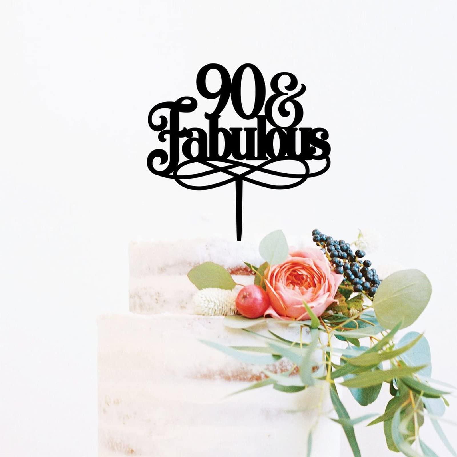 WengBeauty 90 & Fabulous Cake Toppers Black Acrylic 90th Birthday Party Decoration Ideas Happy Birthday Cake Topper Personalized Age Birthday Cake Topper Birthday Anniversary Party Decorations