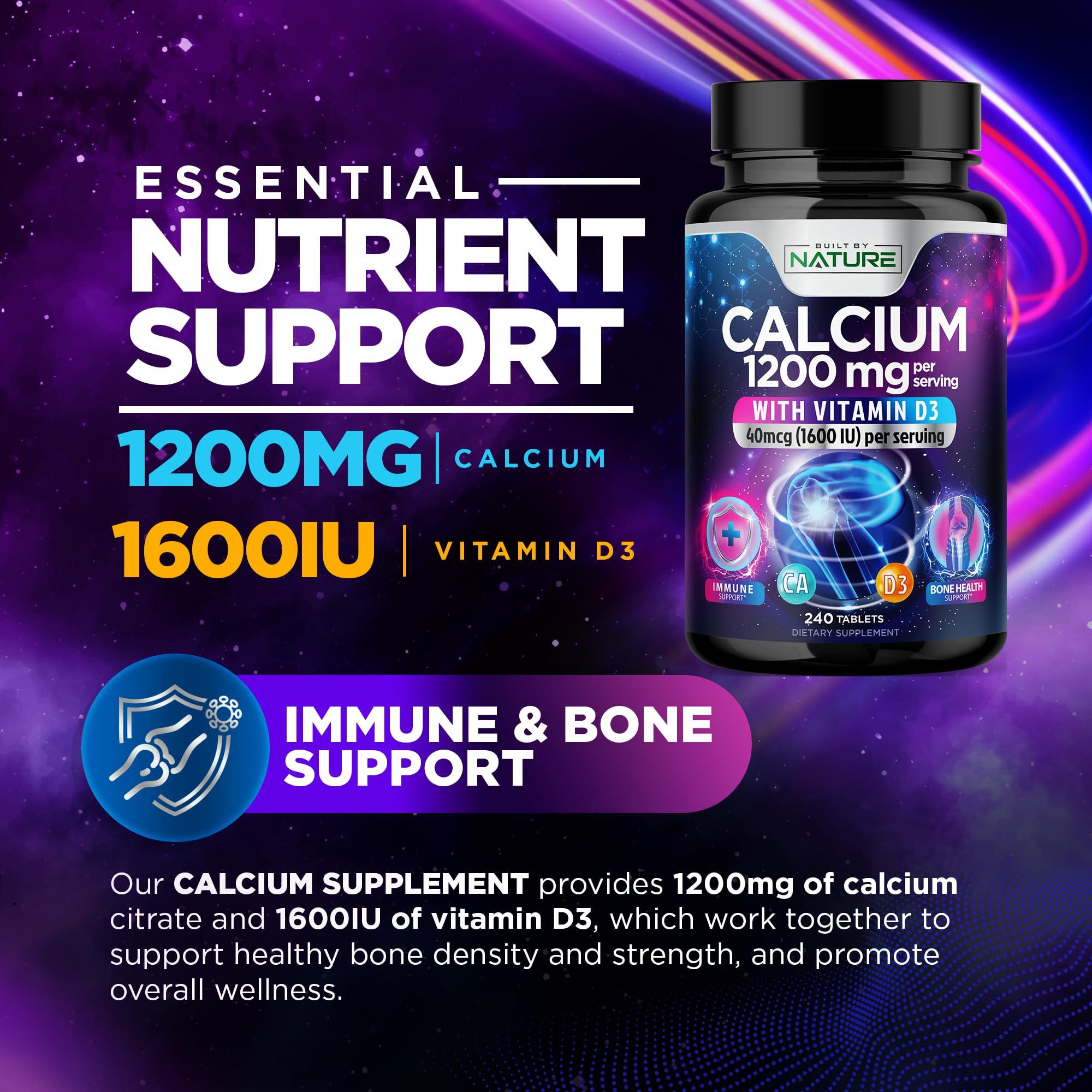 Built by Nature Calcium 1200mg with Vitamin D3 for Best Absorption - Advanced Bone Support Supplement, 1200 mg Calcium Carbonate & 1600 IU Vitamin D3, Slow Release for Immune Support, Easy to Swallow, 240 Tablets