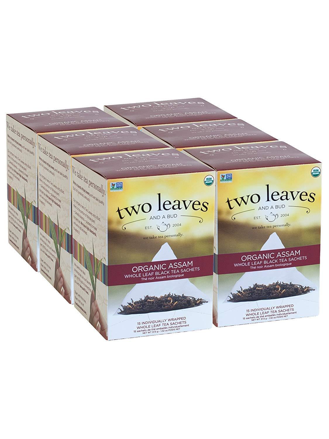 Two Leaves and a Bud Two Leaves and a Bud Organic Assam Black Tea Bags, Whole Leaf Caffeinated Black Tea in Compostable Sachets, Delicious Plain or with Milk, 15 Count (Pack of 6)