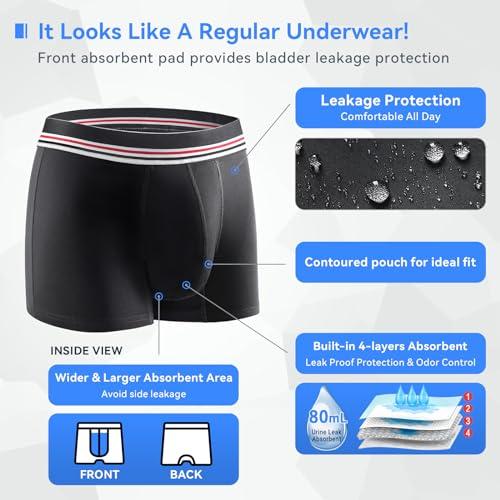 CARER Healthcare Incontinence Pregnancy Mens Incontinence Boxer Briefs 2PCS Leakproof Urinary Incontinence Underwear for Men with Front Absorbent Area for Bladder Leakage Protection, Instant Absorbency Mens Incontinence Underwear, Small