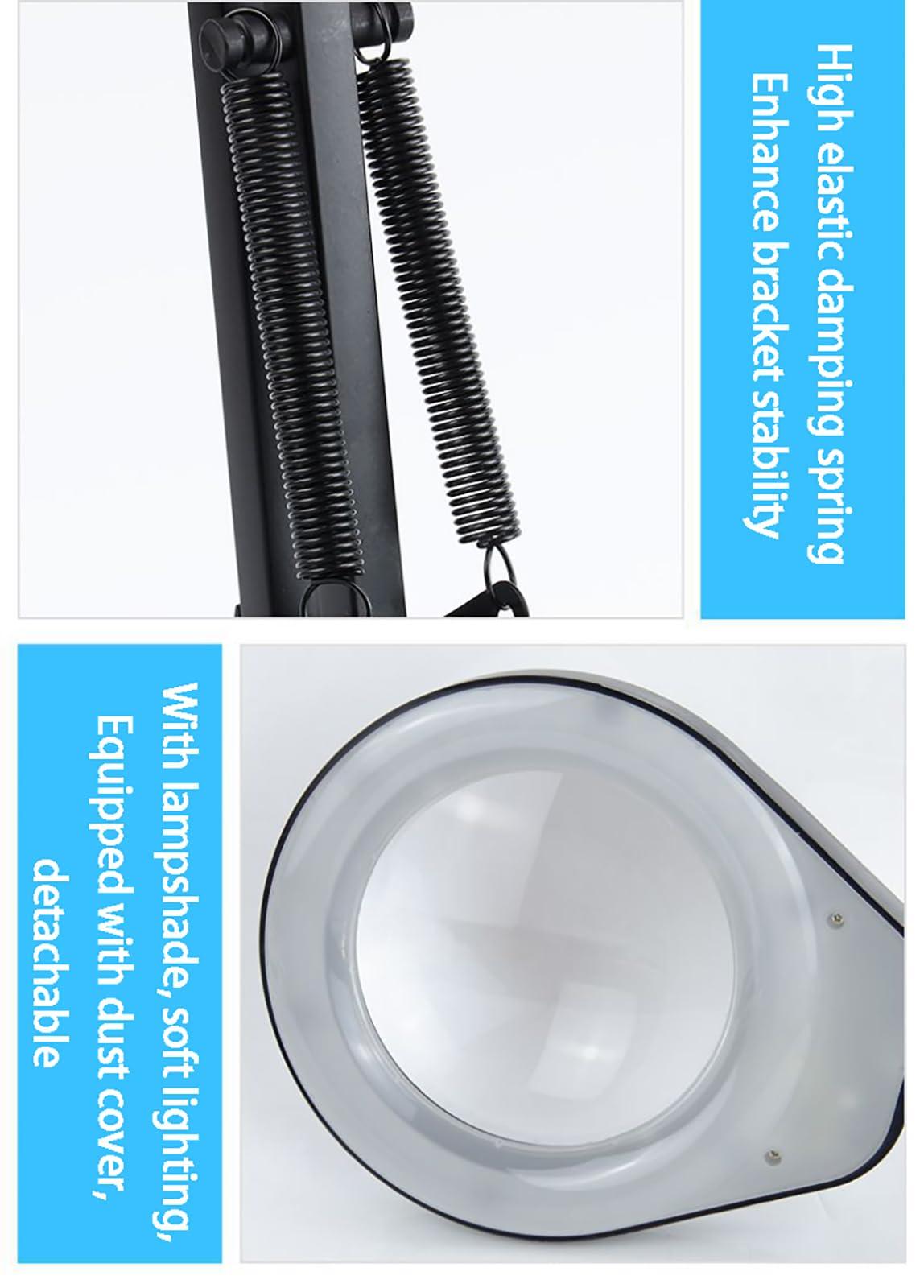 GLocKi Magnifying Glass with Light and Stand, 10X Magnifying Lamp, 5" Large Optical Glass Lens, Adjustable Swivel Arm Desk Magnifier for Hobby Reading