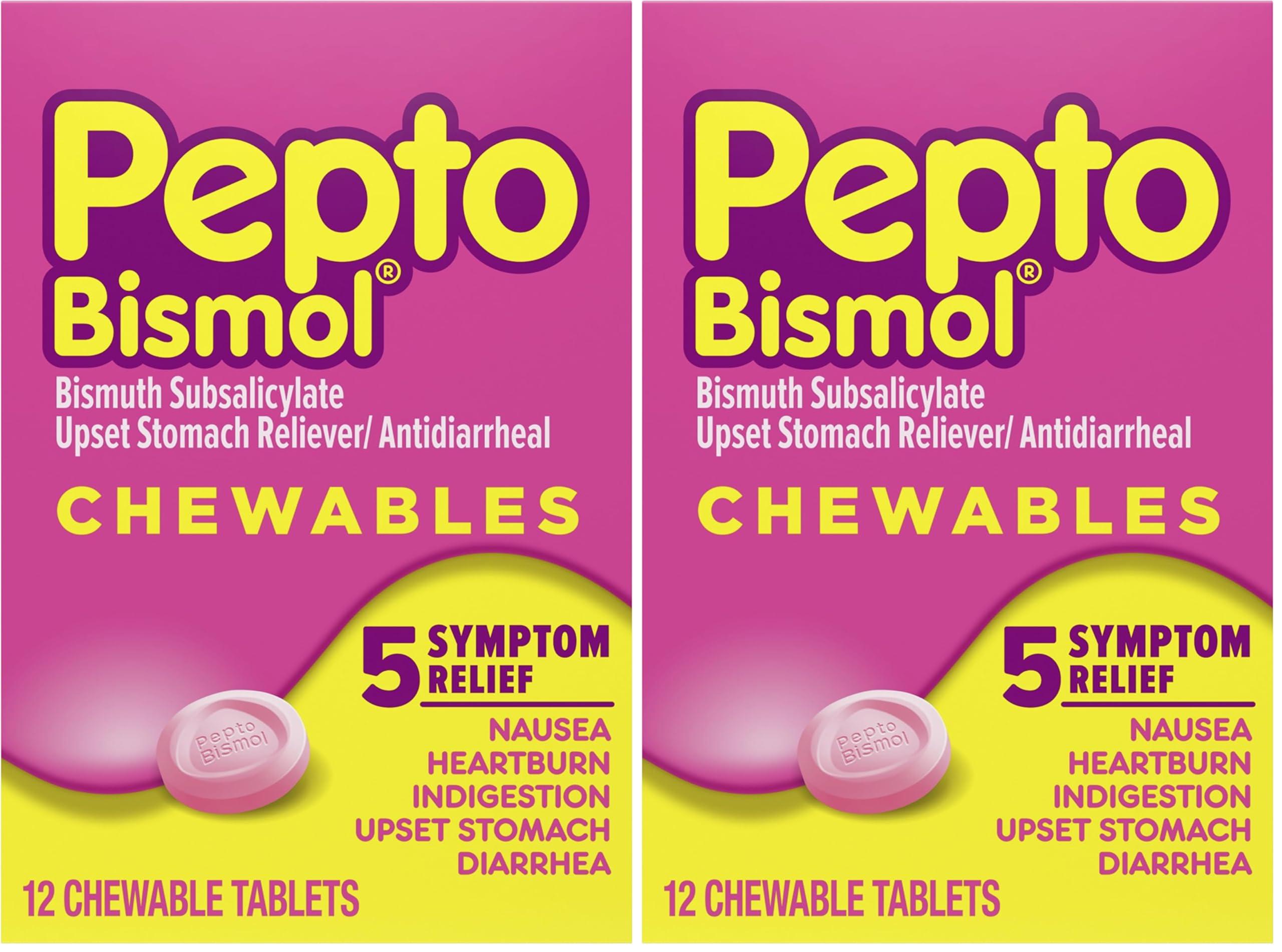 Pepto Bismol Pepto Bismol Chewable Tablets for Nausea, Heartburn, Indigestion, Upset Stomach, and Diarrhea - 5 Symptom Fast Relief, Original Flavor 12 ct (Pack of 2)