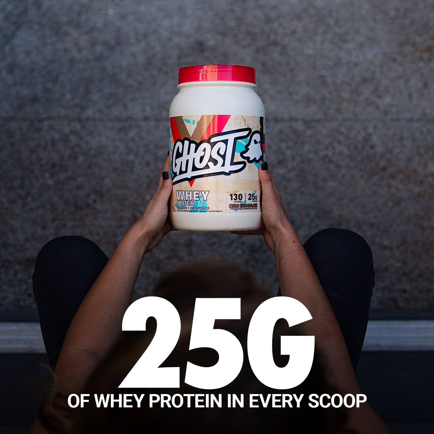 GHOST GHOST Whey Protein Powder, Milk Chocolate - 2LB Tub, 25G of Protein - Flavored Isolate, Concentrate & Hydrolyzed Whey Protein Blend - Post Workout Shakes - Soy & Gluten Free