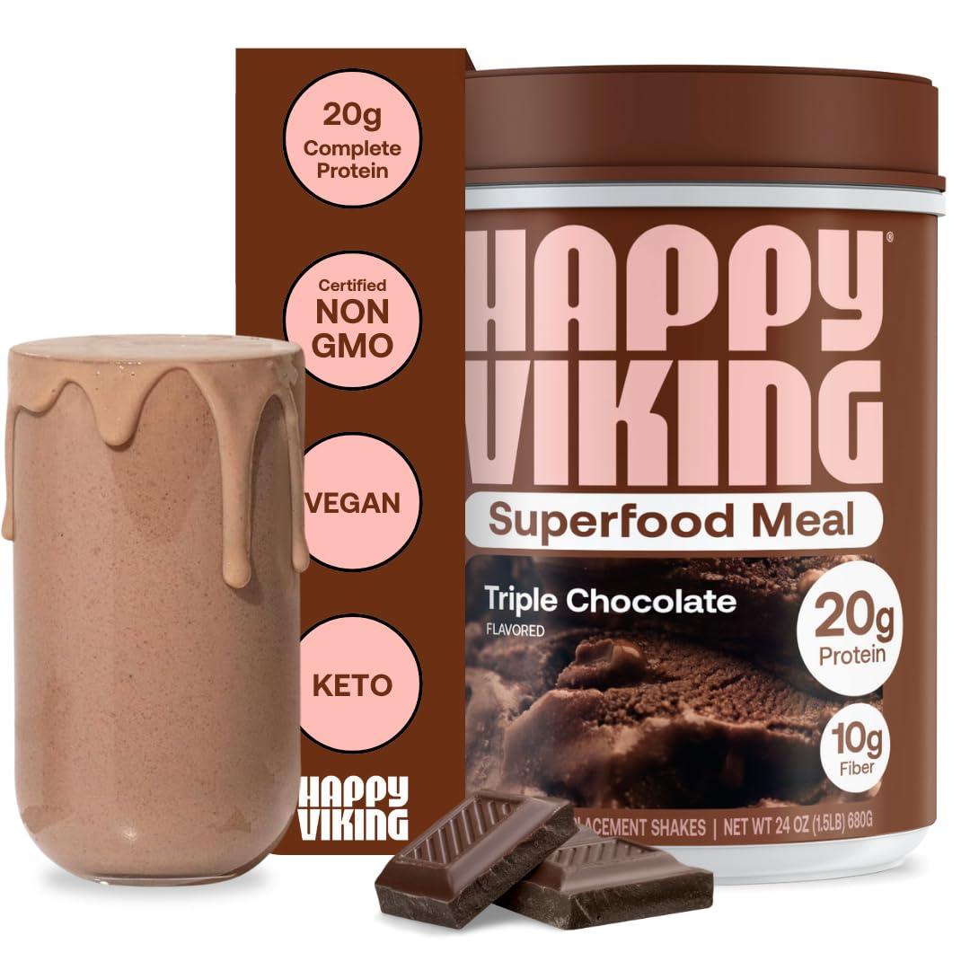 Happy Viking Happy Viking Triple Chocolate Protein + Superfoods Powder, Created by Venus Williams, 20G Protein, Low Carb, Keto, Vegan, Gluten-Free, Non-GMO, Complete Meal Replacement, 1 Canister (24 oz.)