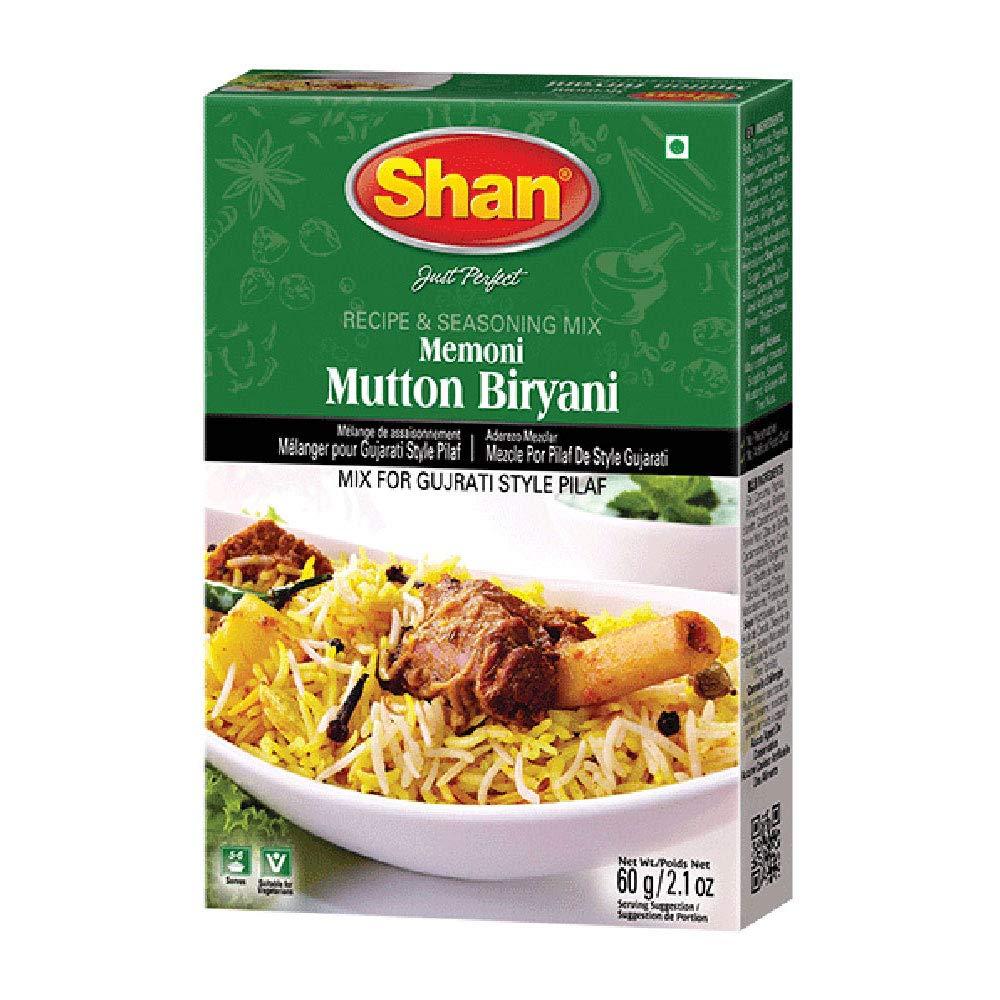 Shan Shan Memoni Mutton Biryani Recipe and Seasoning Mix 2.11 oz (60g) - Spice Powder for Gujrati Style Pilaf - Suitable for Vegetarians - Airtight Bag in a Box