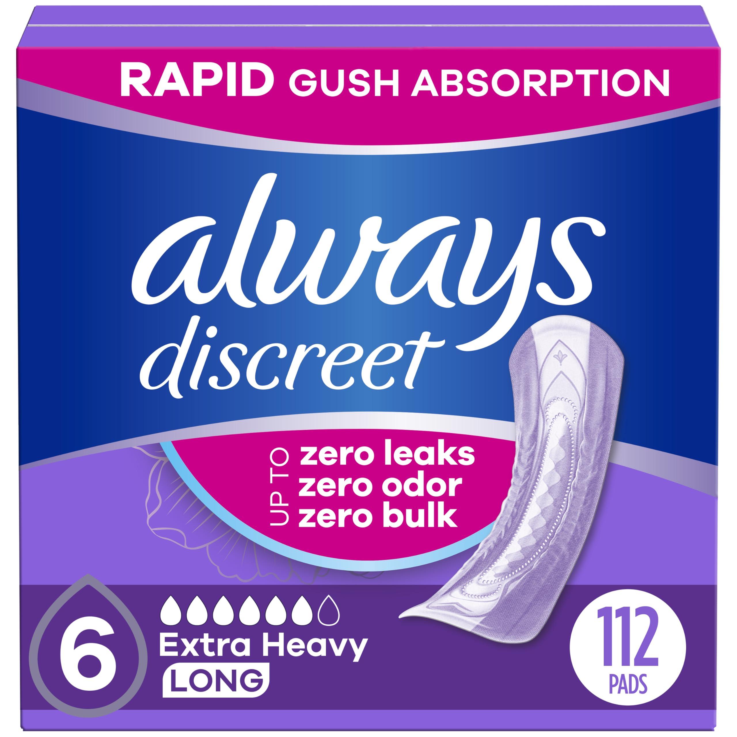 Always Discreet Always Discreet Adult Incontinence Pads for Women, Extra Heavy Absorbency, Long Length, Postpartum Pads, 112 CT