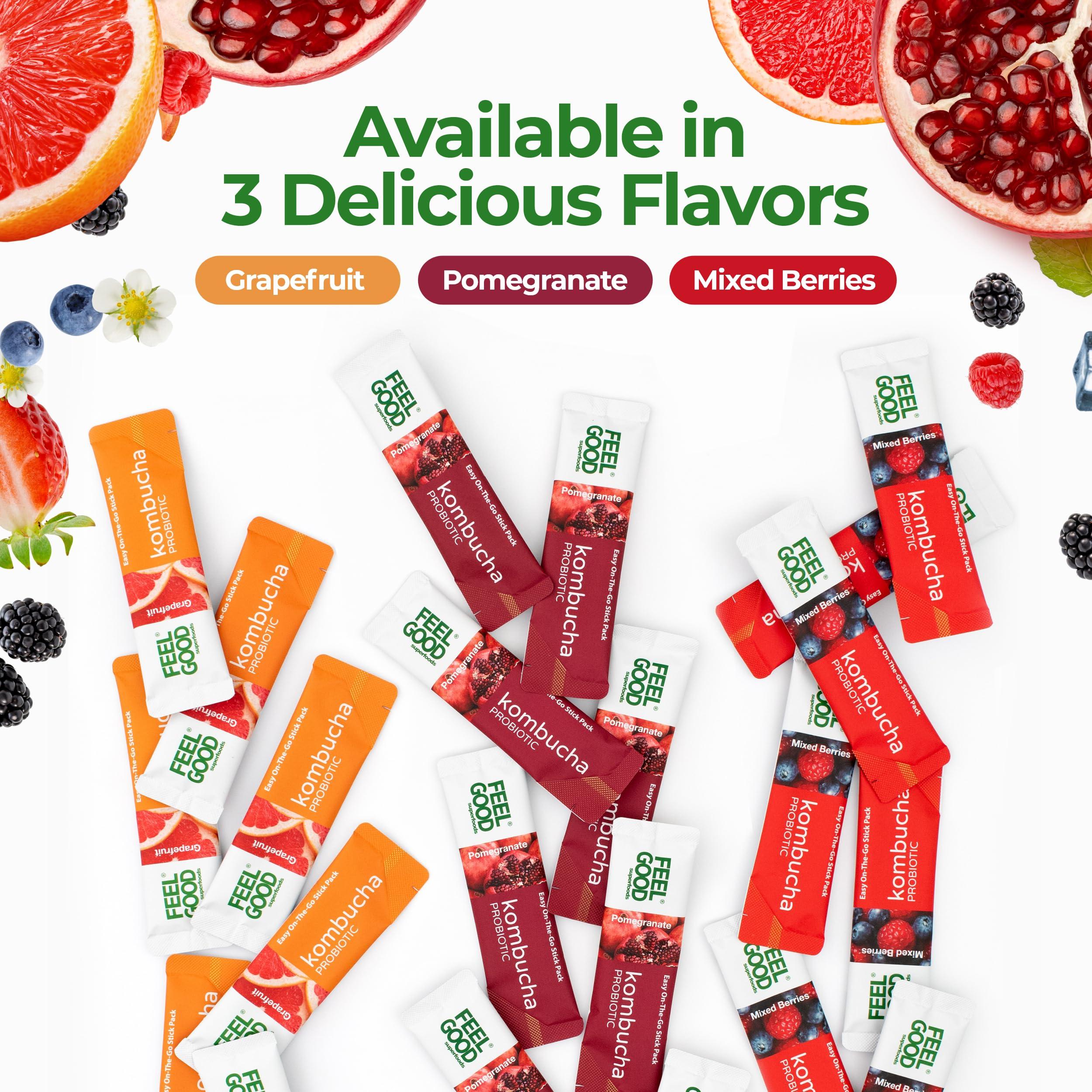 FeelGood Superfoods FeelGood Superfoods Kombucha Iced Tea Packets, Delicious Mixed Berries Flavored Refreshing Instant Kombucha Powder Fizzy Drink, Probiotic Supplement for Gut Health, 14 pack