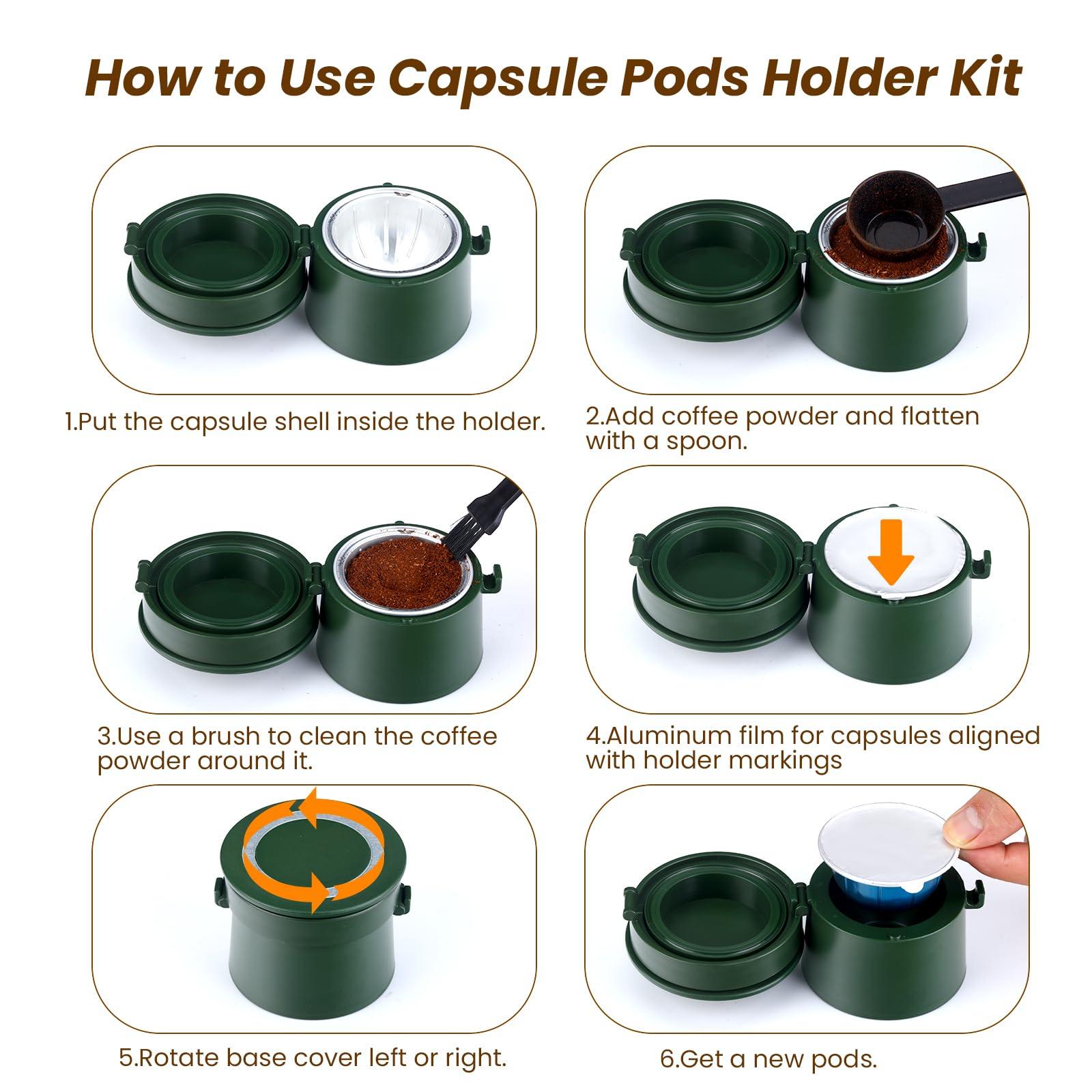 YEOSEN Reusable Vertuo Capsule Set for Reusable Nespresso Vertuo Pods, Upgraded Twist Holder with 100 Pcs Aluminum Foil Seal Lids and Brush Lid Opener,Fits for Refilling Vertuoline PodGreen)