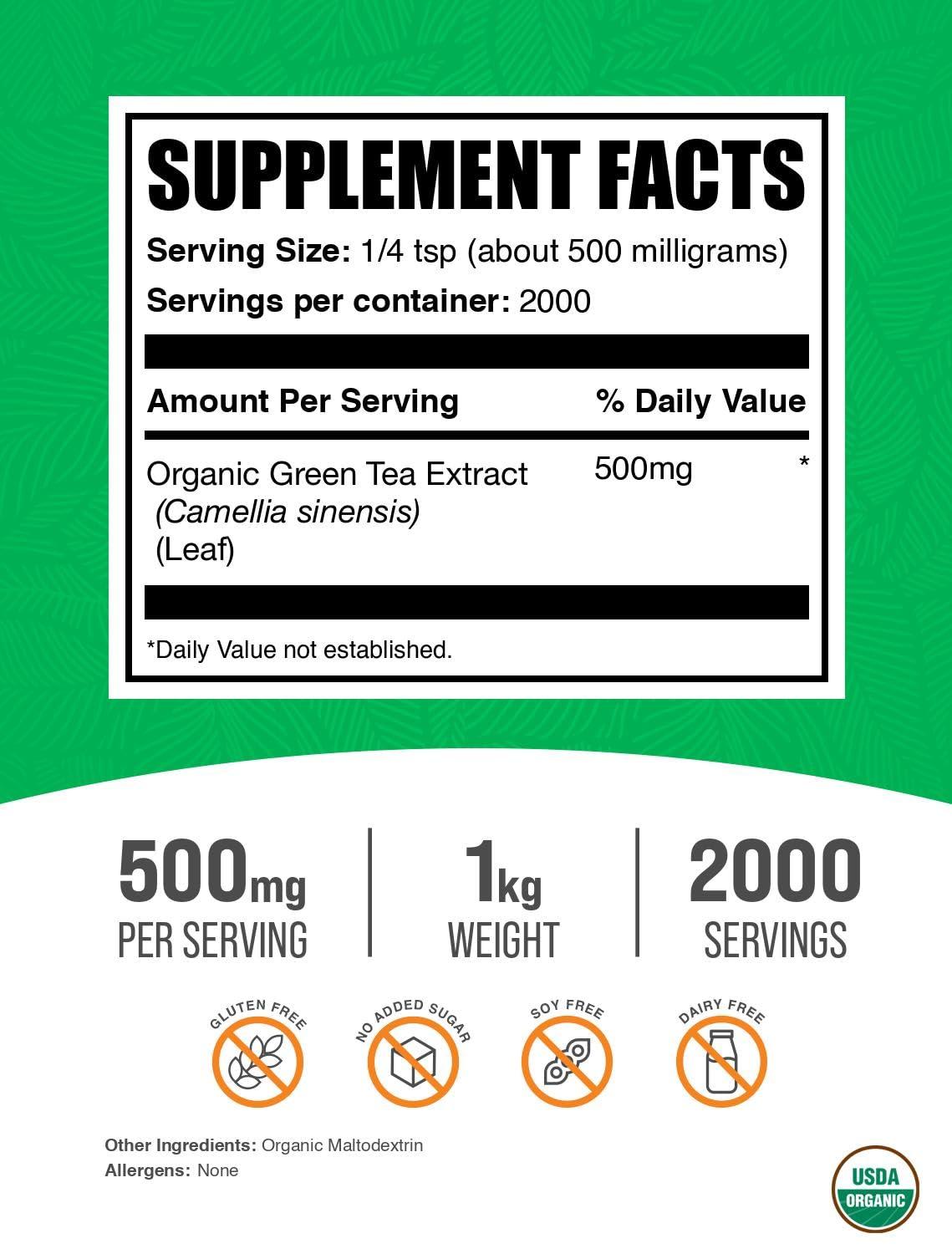 BulkSupplements BulkSupplements.com Organic Green Tea Extract Powder - Herbal Supplement, Green Tea Supplement, Green Tea Powder - Vegan & Gluten Free, 500mg per Serving, 1kg (2.2 lbs) (Pack of 1)