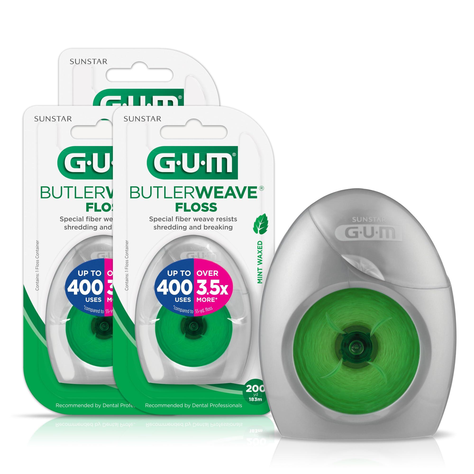 GUM GUM ButlerWeave Woven Dental Flos, Shred Resistant Waxed Floss, Mint Flavored, 1ct (3pk)