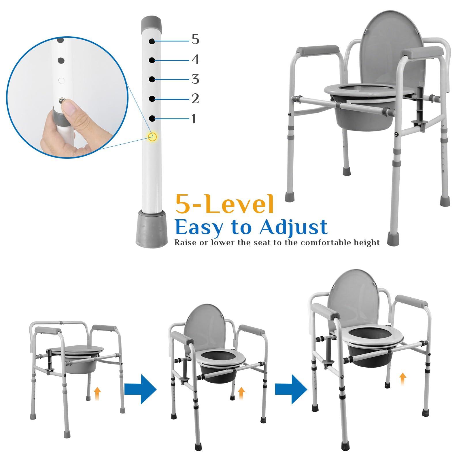 JumboTIGER 3-in-1 Steel Adjustable Bedside Commode,Portable Toilet for Adults 8 Quart,300 lb Weight Capacity Portable Potty,Toilet Seat with Safety Frame, Easy Cleaning, Tool-Free Assembly, Padded Arms,Gray