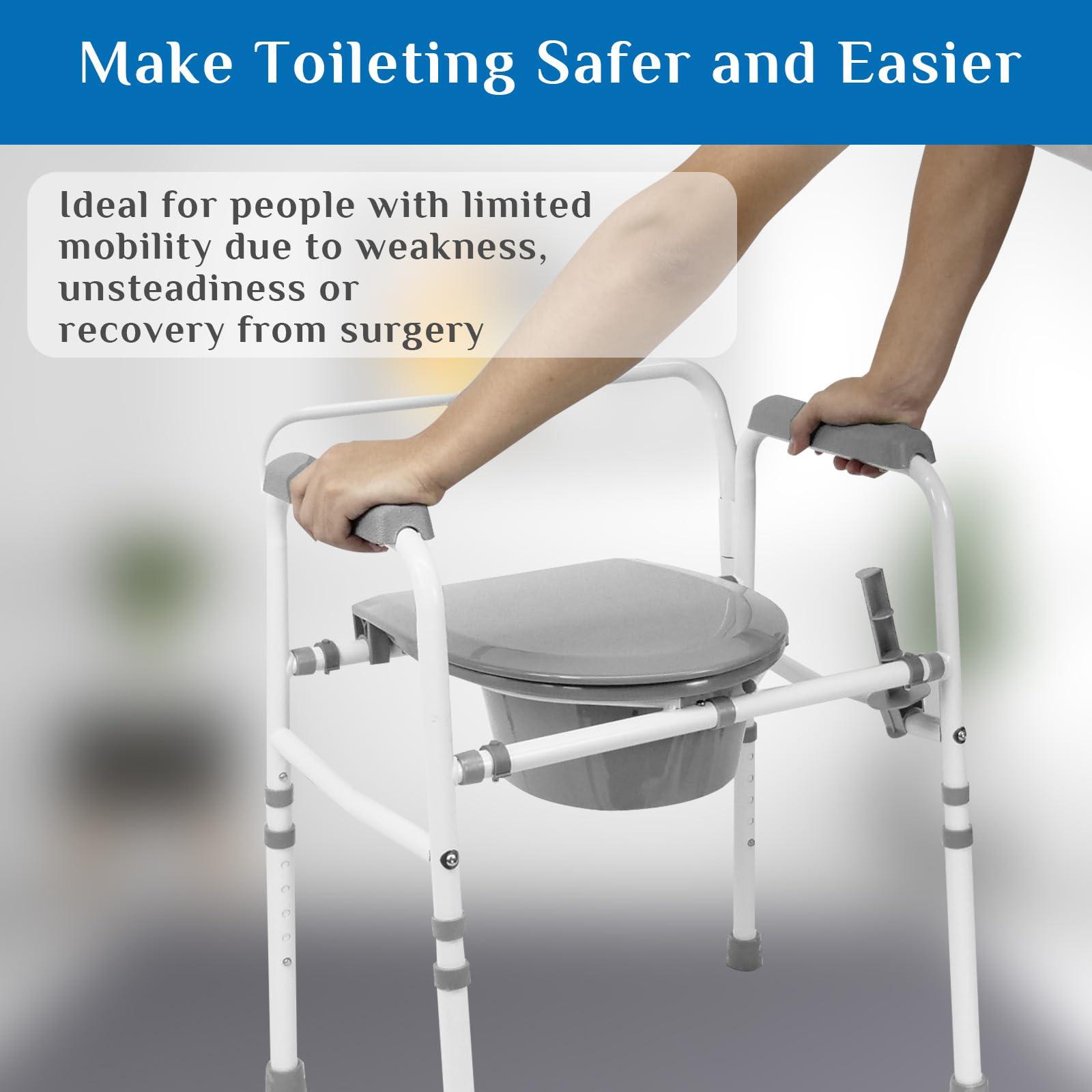 JumboTIGER 3-in-1 Steel Adjustable Bedside Commode,Portable Toilet for Adults 8 Quart,300 lb Weight Capacity Portable Potty,Toilet Seat with Safety Frame, Easy Cleaning, Tool-Free Assembly, Padded Arms,Gray