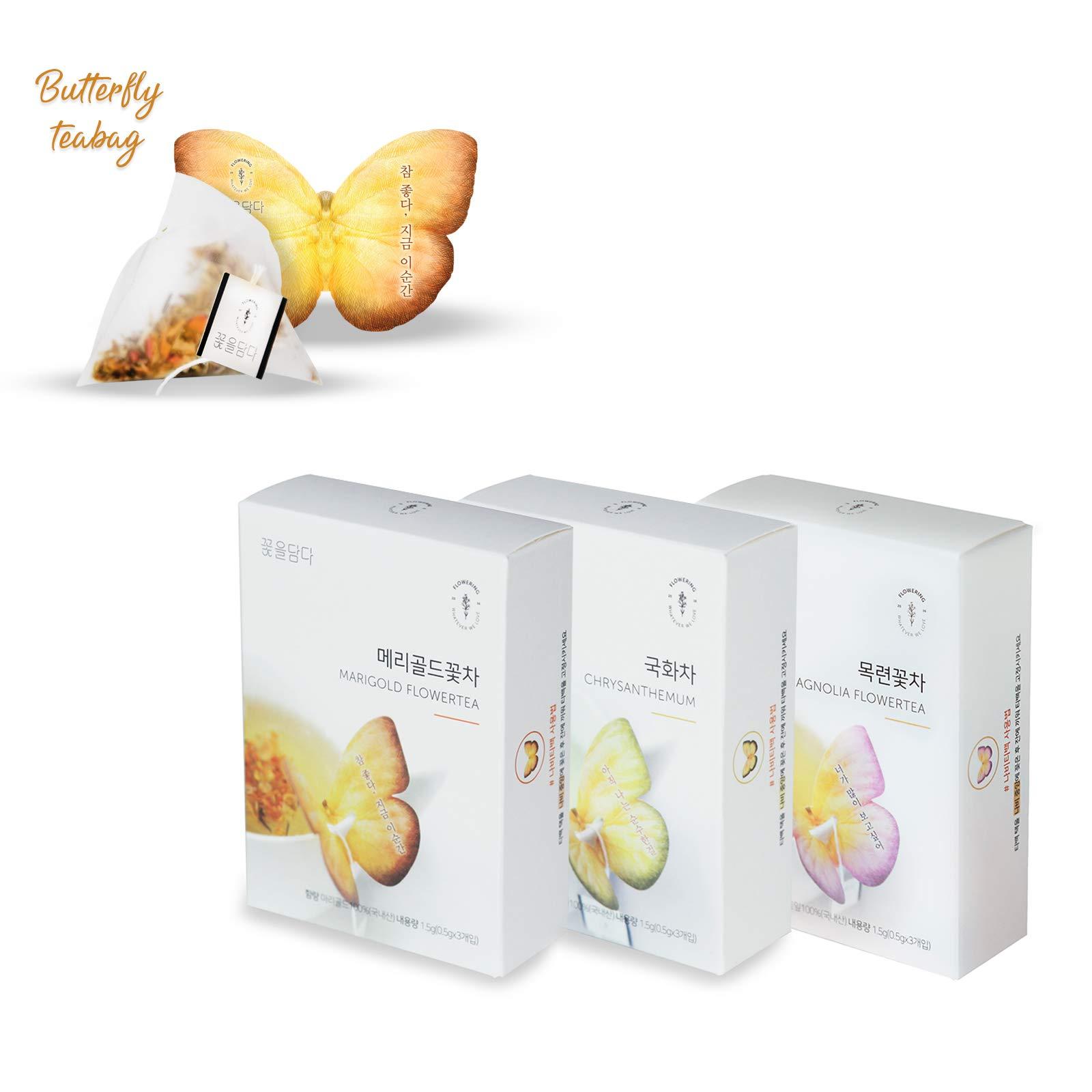 KKOKDAM KKOKDAM Korean Tea Gift Set 3 Flavor Yellow Tea Variety Pack with Butterfly Tea Bags Unique Fancy Tea Bag Sampler Elegant Korean Gift Box for Tea Lovers Perfect Tea Gifts