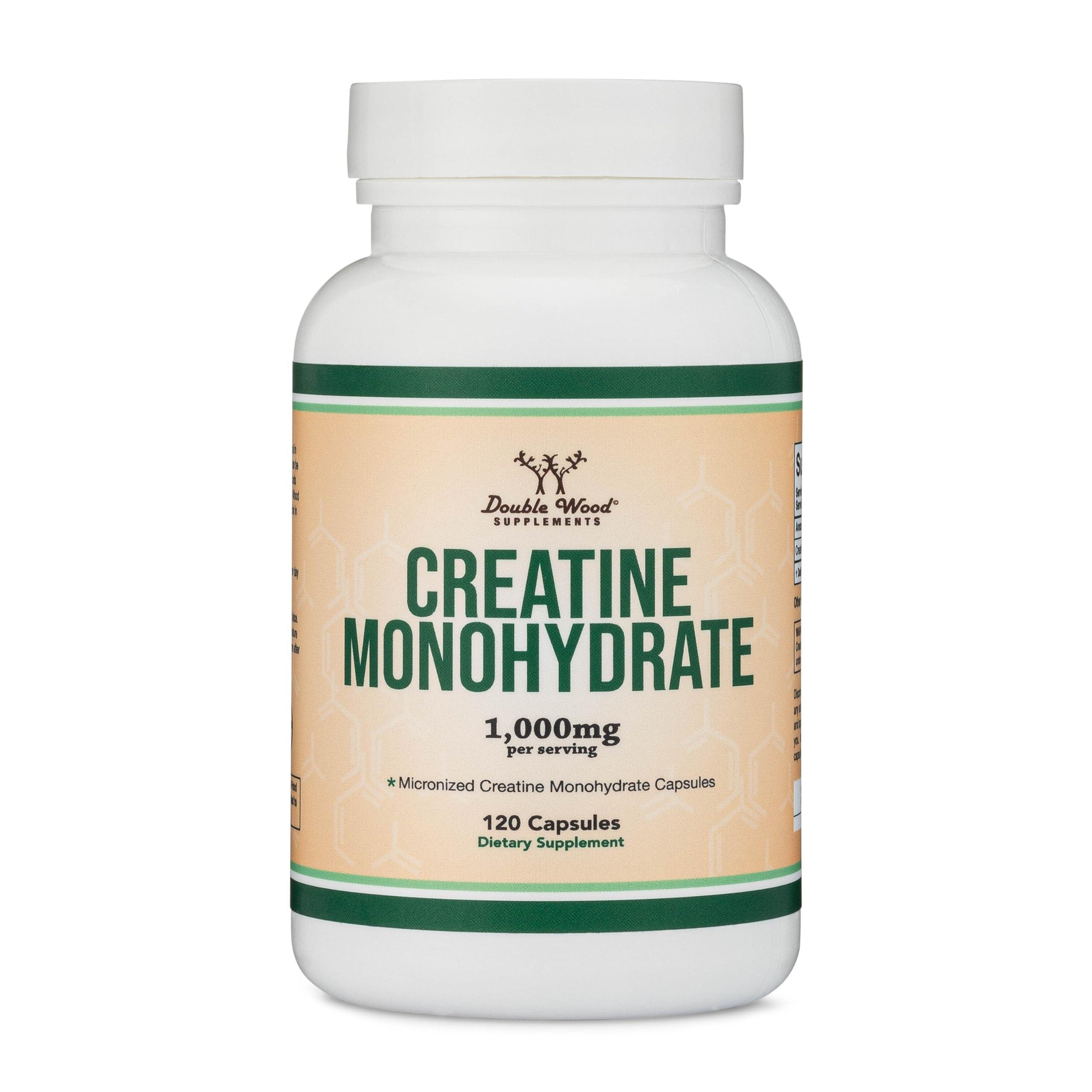 Double Wood Supplements Creatine Pills 1,000mg Per Serving (120 Creatine Capsules) Micronized Creatine Monohydrate Powder with No Fillers, Vegan Safe, Non-GMO, Gluten Free (Non Stim Preworkout) by Double Wood
