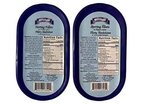 Krakus KRAKUS HERRING FILLETS in variety taste sauce: tomato, mustard, gourmet, pepper 7.05 oz (200g) x 4 pack. Variety taste: PRODUCT OF POLAND.