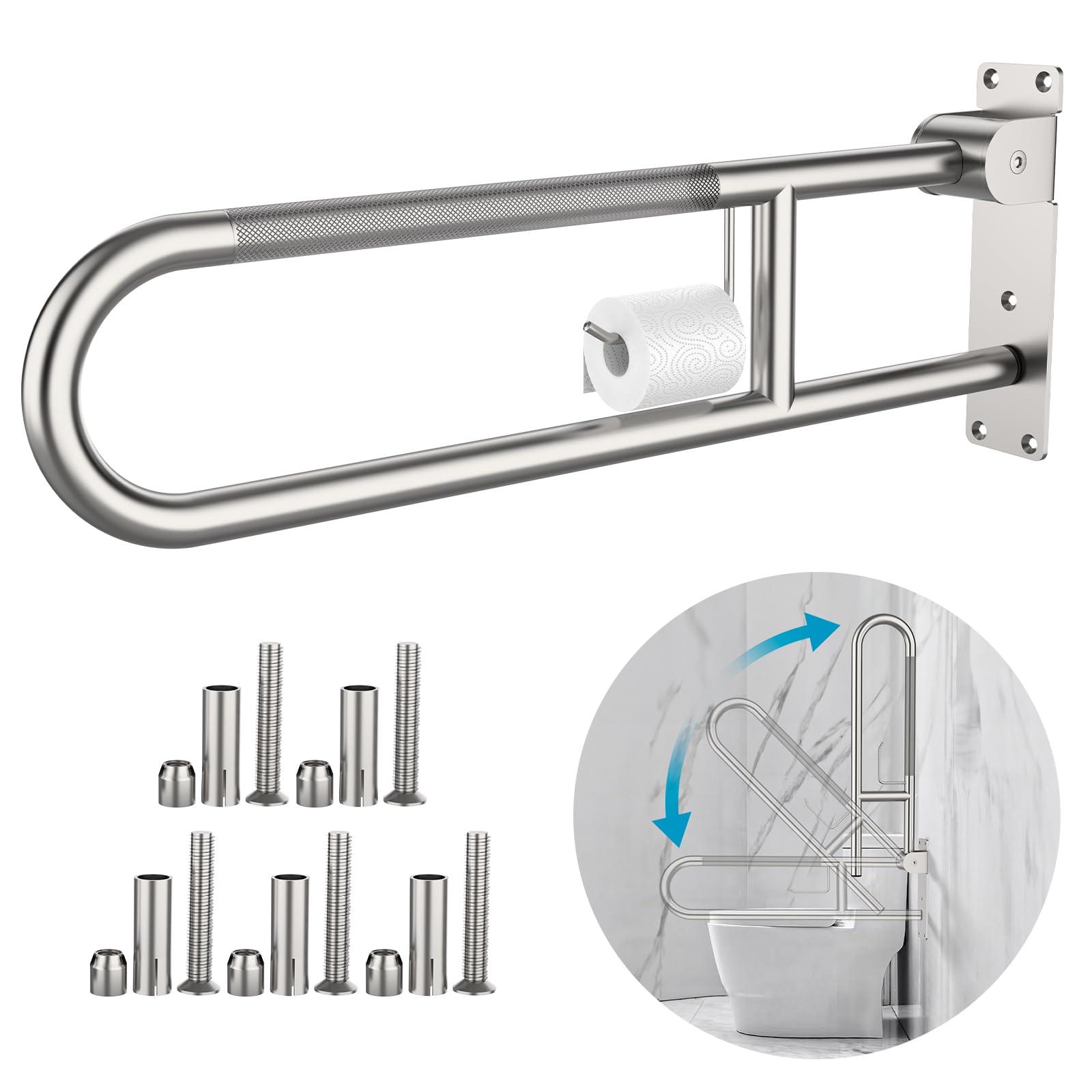 Munzong Toilet Grab Bar 30.3 Inch, Munzong Anti-Slip Handicap Grab Bars with Paper Holder, Flip-Up Bathroom Toilet Safety Rails, Stainless Steel Knurled Support handrails for Seniors Elderly Disabled Pregnant