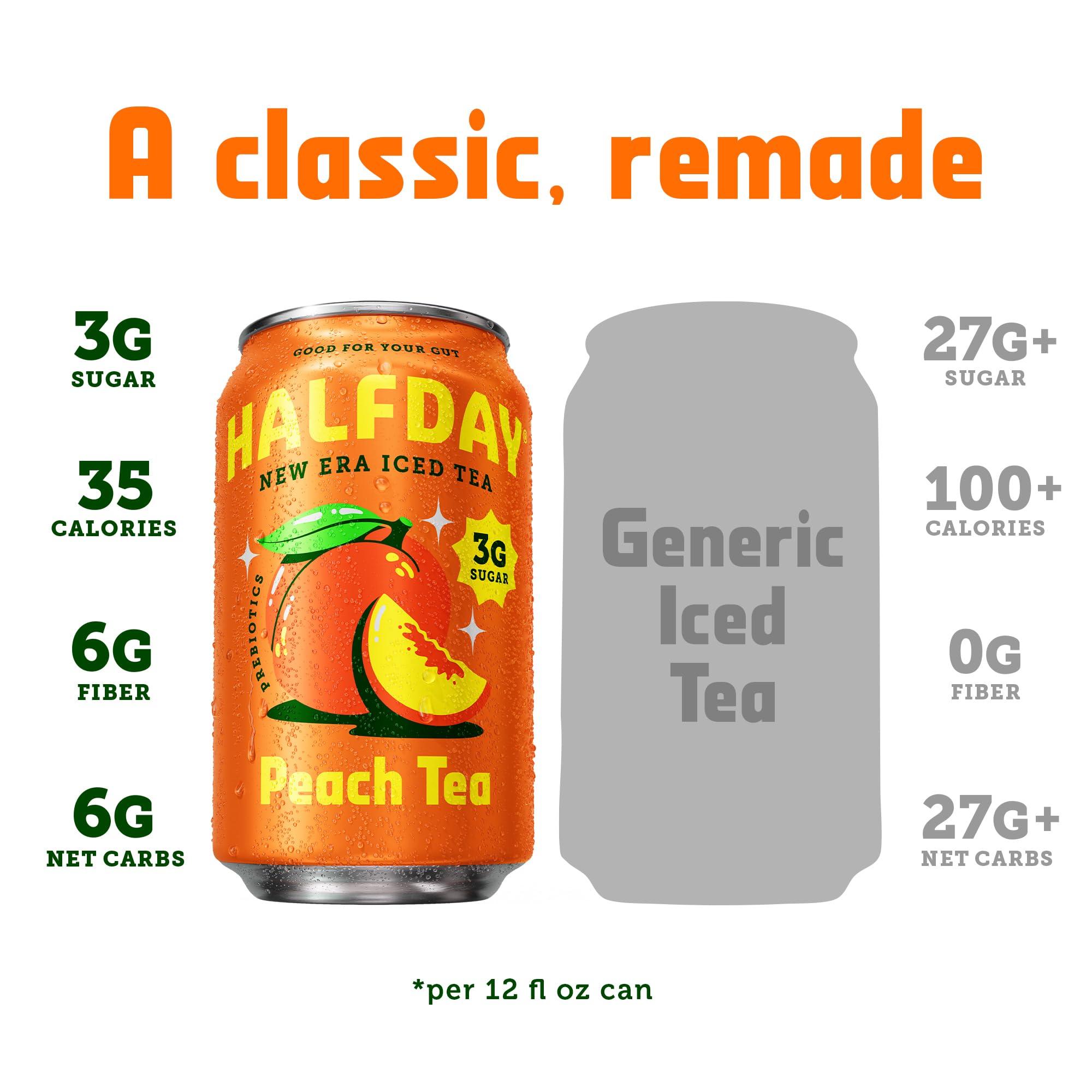 Halfday HALFDAY Prebiotic Peach Iced Tea Cans, Supports Digestive & Gut Health, 8g Plant Fiber & Prebiotics, Low Sugar, 30 Calories, Organic Tea, Natural Caffiene, Gluten Free, Keto, 12 fl oz (12 pack)