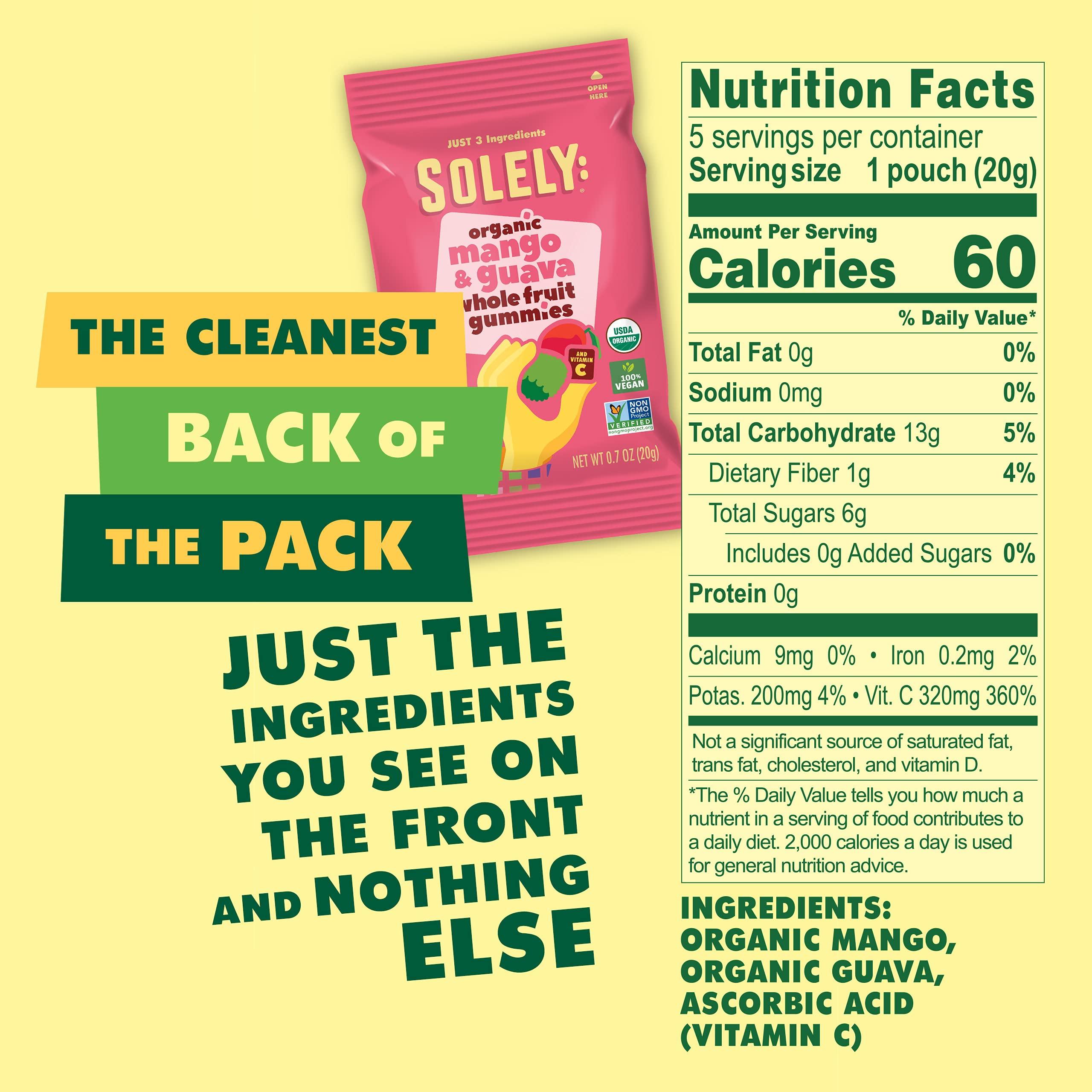 SOLELY SOLELY - Organic Mango & Guava Whole Fruit Gummies (1 Box, 5 Single Serving Bags per Box) - Real Fresh Fruit - Healthy Snacks for Adults & Kids - Non GMO, Vegan Snacks, Shelf Stable - 5 Bags (3.5 oz)