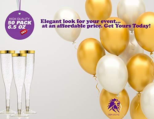 TasteOfQuality 50 Gold Rimmed Sparkle Plastic Champagne Flutes, Gold Glitter, 6.5 Oz Reusable Heavy Duty Wine Glass, Clear Plastic Toasting Glasses, Disposable Plastic Wine Glasses, cups for Bachelorette Party.