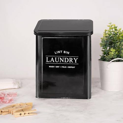 Candco Candco Magnetic Lint Bin for Laundry Room, Metal Lint Trash Can with Lid and Brush, Wall Mounted Lint Box for Dryer, Farmhouse Laundry Room Decor, Black