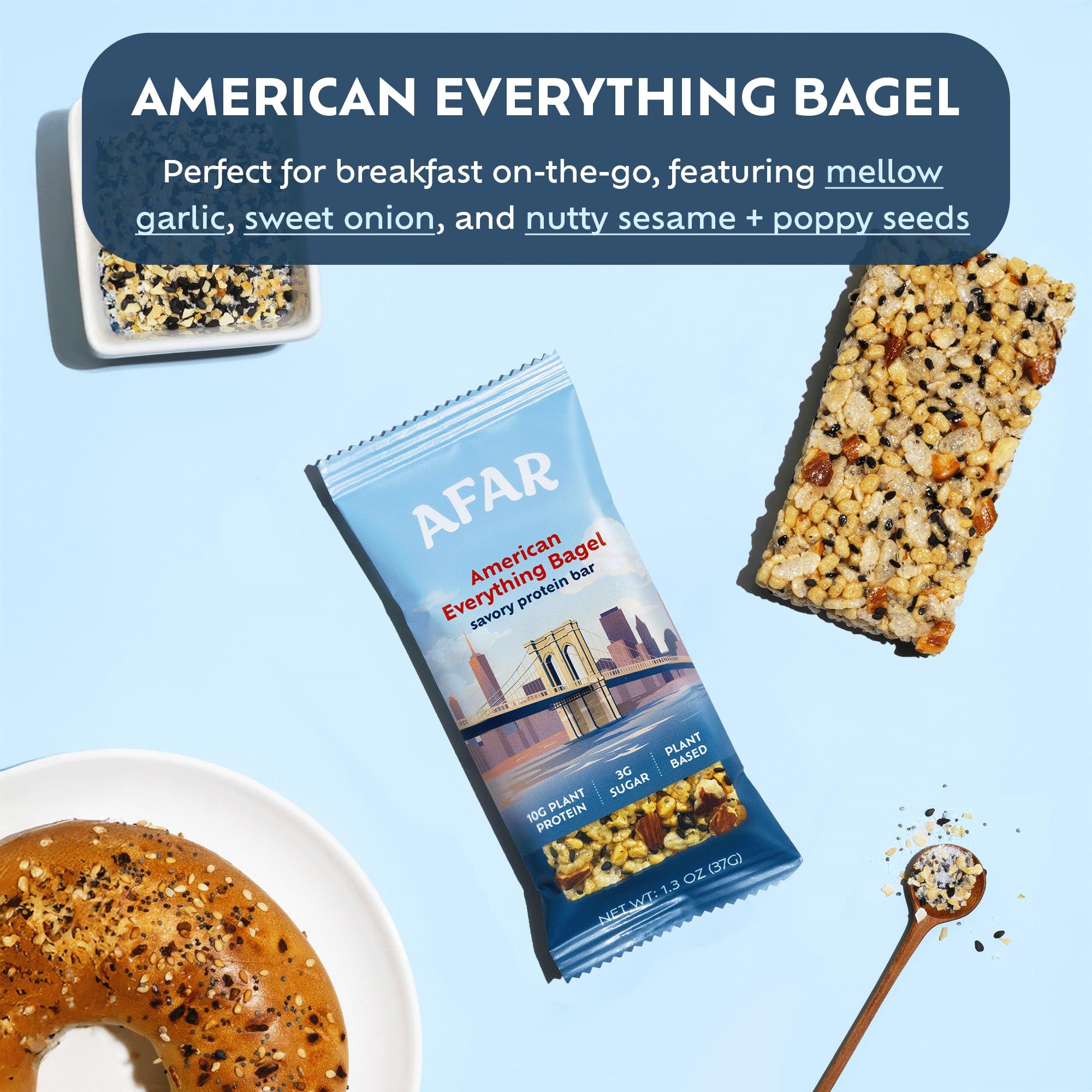 Afar Afar Savory Protein Bars Low Sugar, High Protein Healthy Snacks for Adults Meal Replacement Bar Rice Crispy Texture Vegan, Gluten Free (8 Bars, American Everything Bagel)