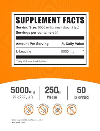 BulkSupplements BulkSupplements.com L-Leucine Powder - Leucine Supplements, Leucine Amino Acid - BCAA Supplements, Leucine Powder - Unflavored, 5000mg per Serving, 250g (8.8 oz) (Pack of 1)