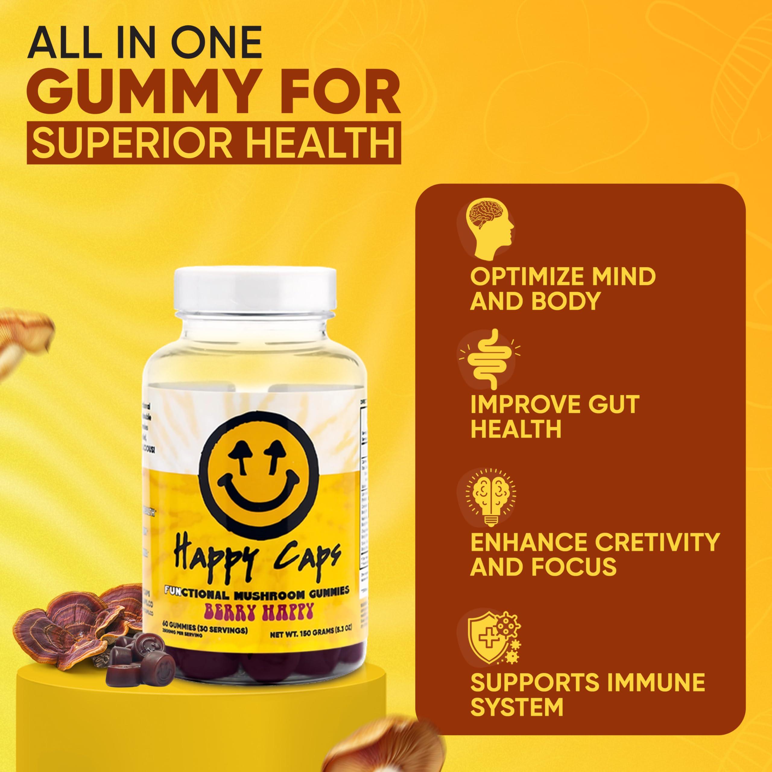 Happy Caps Happy Caps Functional Mushroom Gummies - Lions Mane, Cordyceps, Chaga, Reishi - Immune System Booster & Nootropic Brain Supplement - 60 Gummies (1)