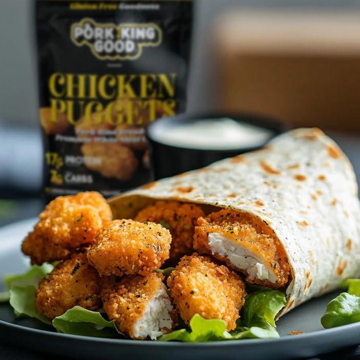 Pork King Good Pork King Good Frozen Chicken Puggets (16 oz Pouches / 6 pk Case) - Pork Rind Breaded Premium Chicken Nuggets! Gluten-Free, Low Carb, Perfect for Main Dish, Snack, or Salad Topping