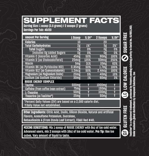 Rogue Energy Rogue Energy Energy Drink Powder for Long Gaming Hours - Energy Powder for Mental Focus - Sugar & Gluten Free - Gaming Supplement with Caffeine & Vitamins - Made in USA (Sour Candy - 40 Servings)