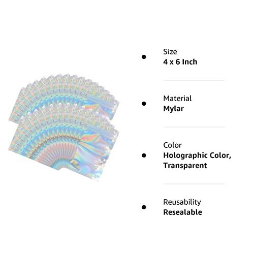 FYATTVA 100 Pieces Mylar Holographic Resealable Bags - 4 x 6" Smell Proof Bags, Foil Pouch Ziplock Bags for Party Favor Food Storage (Holographic Color, 4 x 6 Inch)