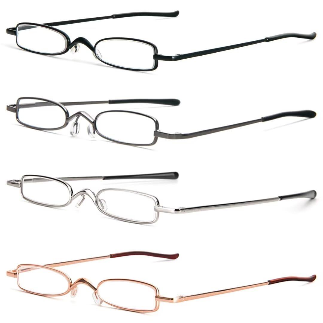 MMOWW Small Reading Glasses Men Women 4 Pairs Slim Pocket Readers with Pen Clip Metal Case Spring Hinge +2.5