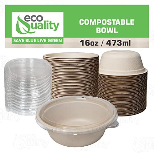 EcoQuality [400 Pack] 16 oz Compostable Paper Bowls with Lids Heavy-Duty Disposable Bowls, Eco-Friendly Natural Bagasse Unbleached, Hot or Cold Use, 100% Biodegradable Soup Bowls Sugarcane