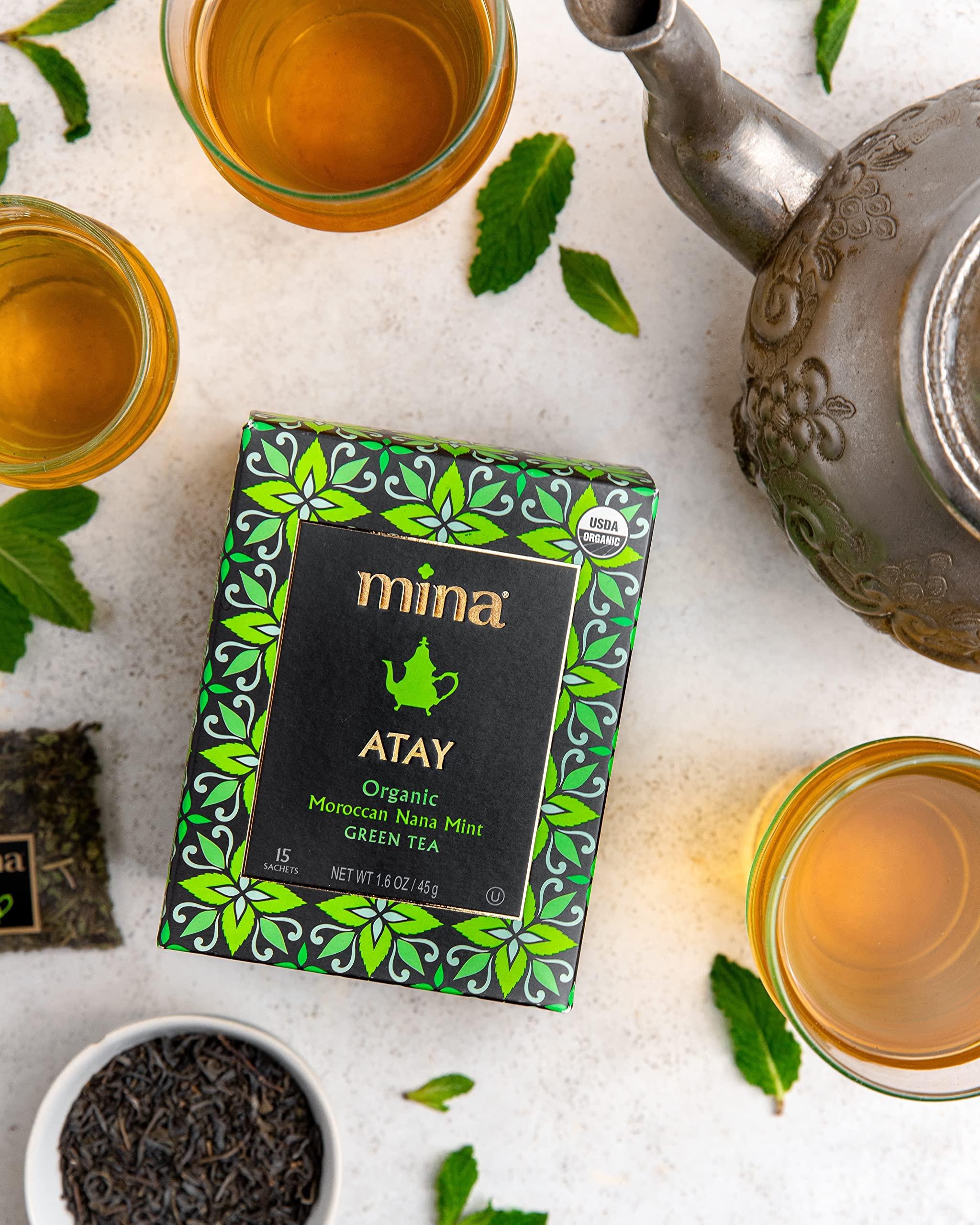 Mina Mina Atay Organic Moroccan Nana Mint Green Tea, 15 Biodegradable Sachets (Pack of 6) - Refreshing Moroccan Mint Tea Bags, Green Tea, Moroccan Mint Green Tea Bags, Low in Caffeine
