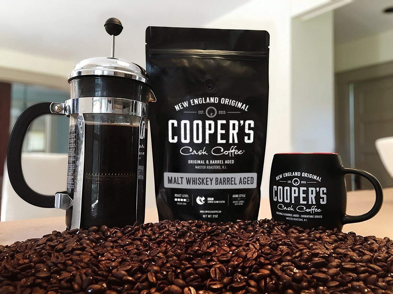 Cooper's Cask Coffee Single-Malt Whiskey Barrel Aged Coffee, Rum Barrel Aged Coffee, and Bourbon Whiskey Barrel Aged Coffee, Whole Coffee Beans, 12oz, Cooper's Cask Coffee