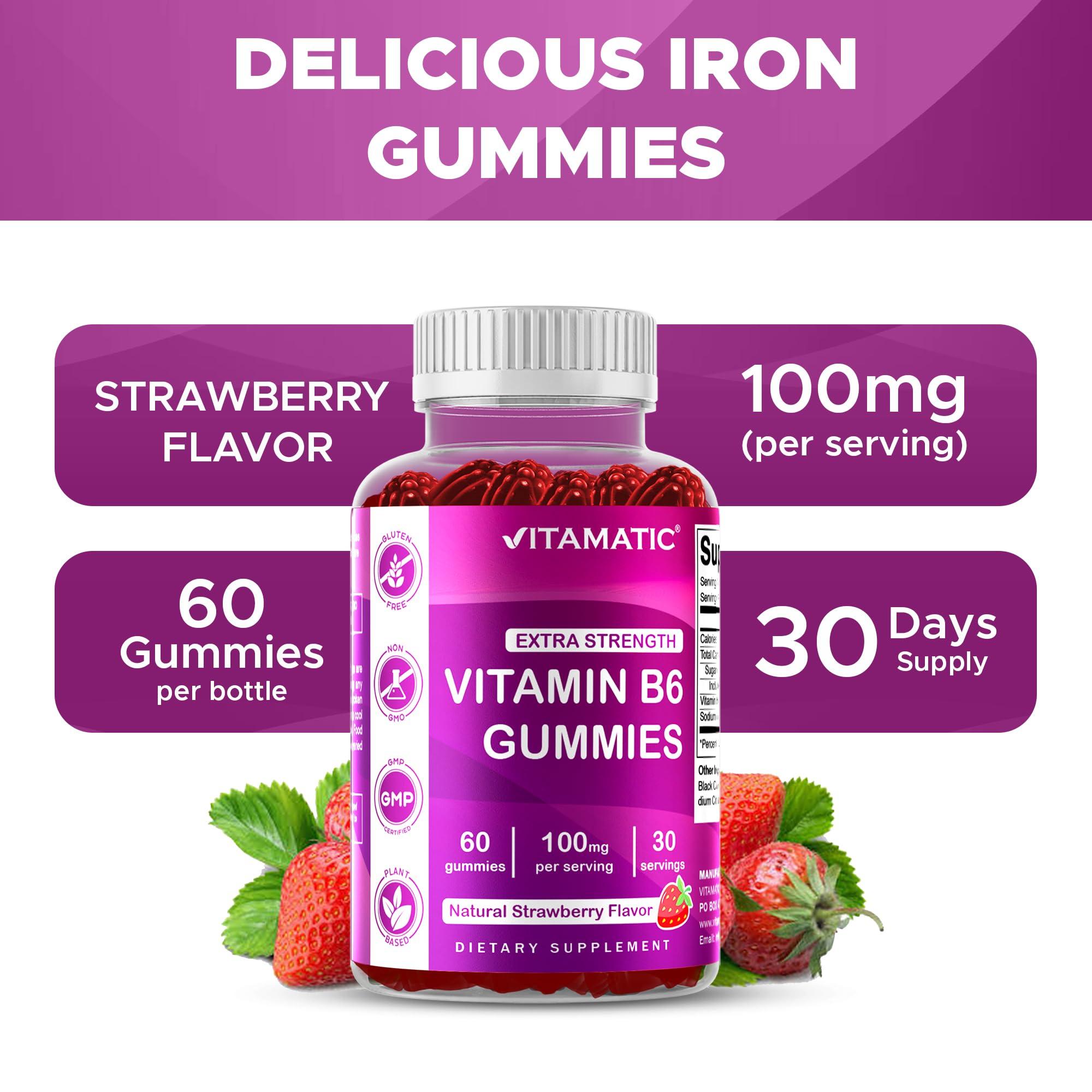 Vitamatic Vitamatic 2 Packs Vitamin B6 100mg - Strawberry Flavor - 60 Pectin Based Gummies - Supports Nervous System