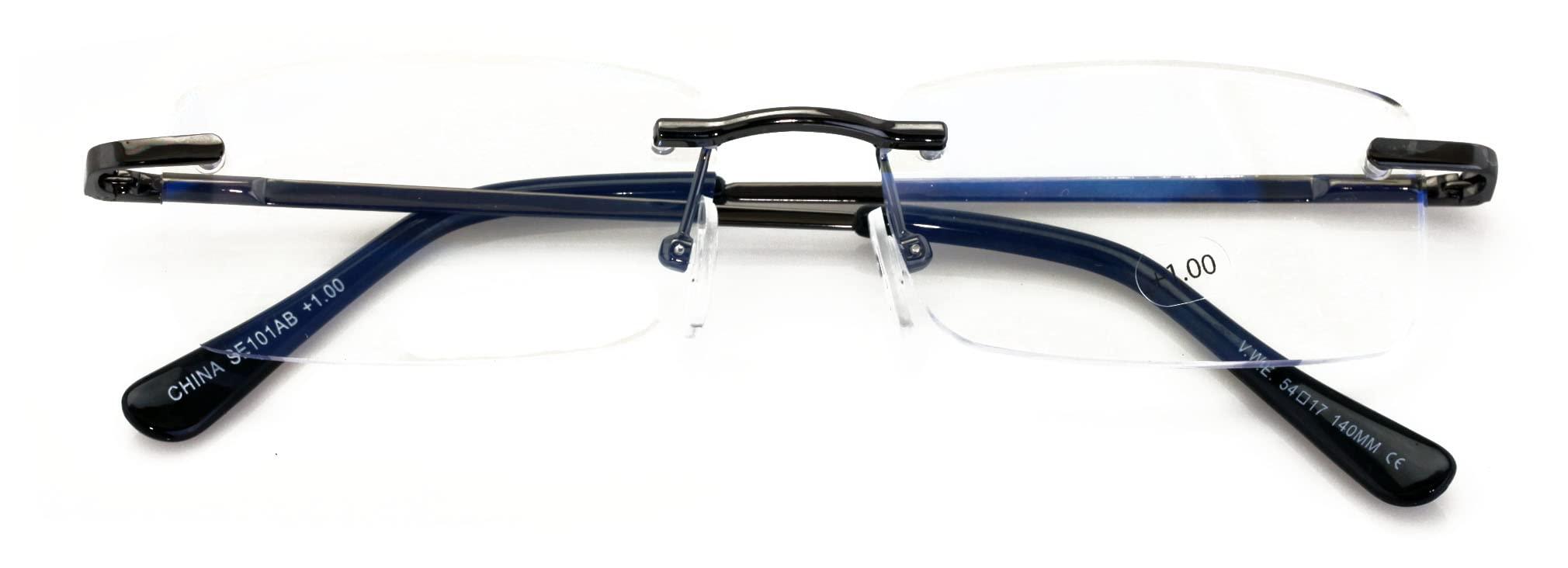 V.W.E. V.W.E. Slim Rimless lightweight metal anti blue light blocking UV reading glasses - clear lens computer reader (Gunmetal, 2.00, multiplier_x)