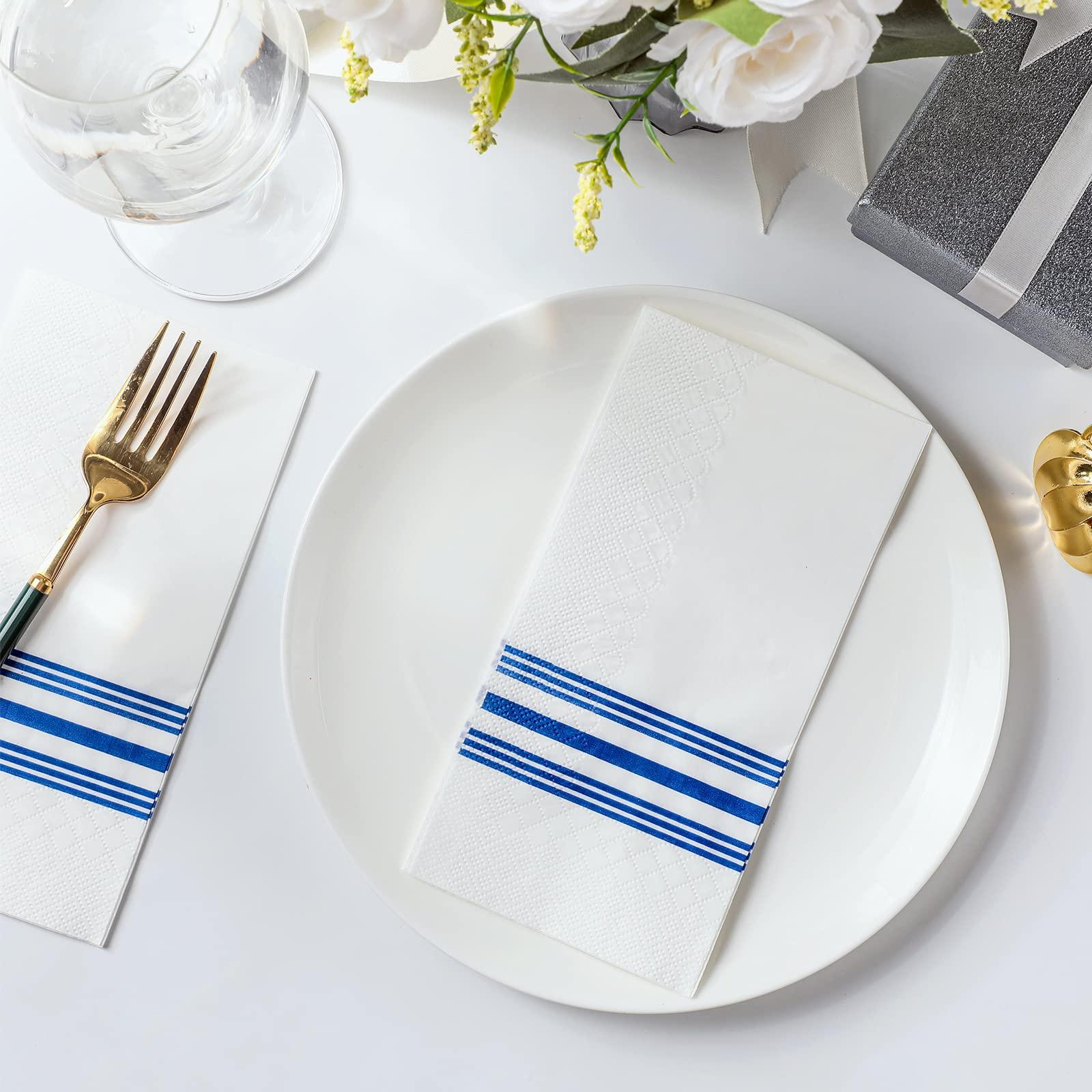 Jetec Jetec 200 Pack Guest Napkins Disposable Paper Hand Towels Bathroom Decorative Napkins Linen Feel Soft Absorbent Bulk Dinner Paper Towels for Kitchen Event Wedding Christmas Party(Blue Stripe)