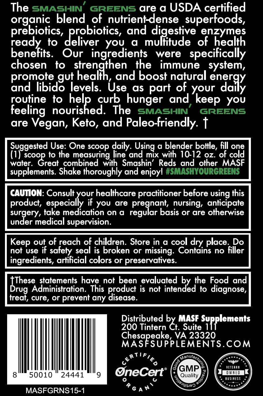 MASF MASF Smashin\' Greens Superfood Blend NSF Sport, Super Greens Digestive Health, Spirulina, Chlorella, Bloat Relief, 8.47 Ounce (Pack of 1)