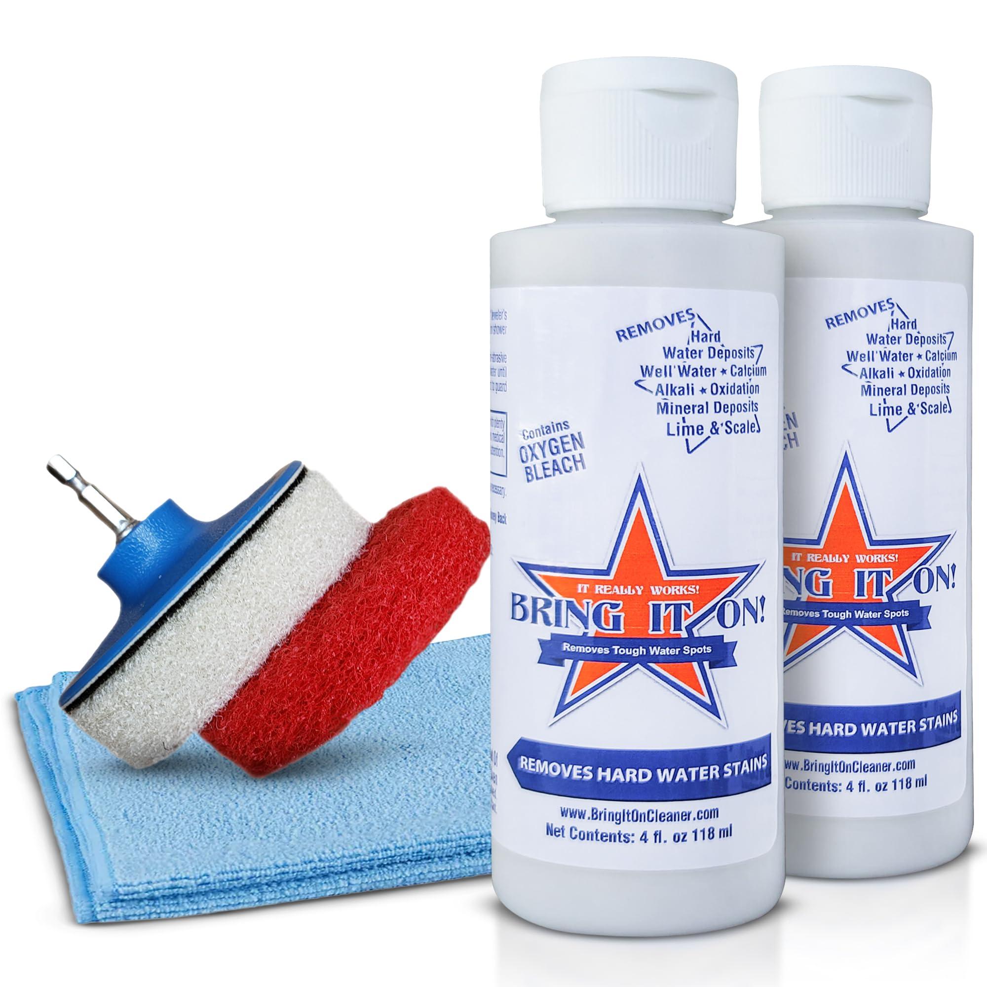 BRING IT ON! IT REALLY WORKS! Bring It On Cleaner Water Spot Polishing Kit | For Shower Glass and Windows | Tile and Grout Polishing | Included Drill Scrub Brush, Microfiber, 8 ounces Water Spot Remover