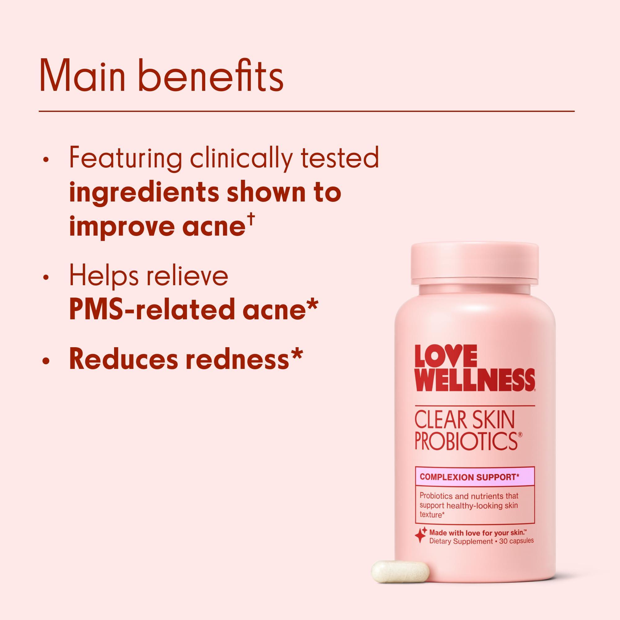 Love Wellness Love Wellness Clear Skin Probiotic | Clear Up Hormonal Acne Pimples, Redness & Pore Minimizer | Skin Care with Zinc, Bifidobacterium Longum & Chaste Tree Fruit Extract | Acne Treatment | 30 Count