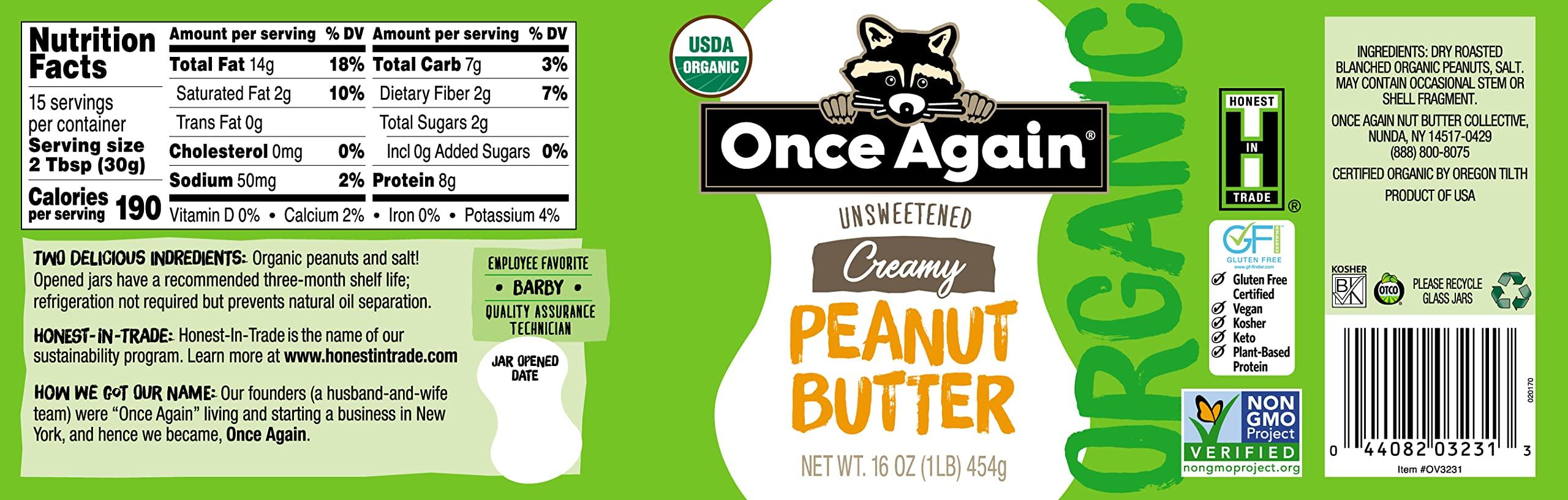 Once Again Once Again Organic Creamy Peanut Butter, 16oz - Lightly Salted, Unsweetened - USDA Organic, Gluten Free Certified, Vegan, Kosher - Glass Jar - Case of 6