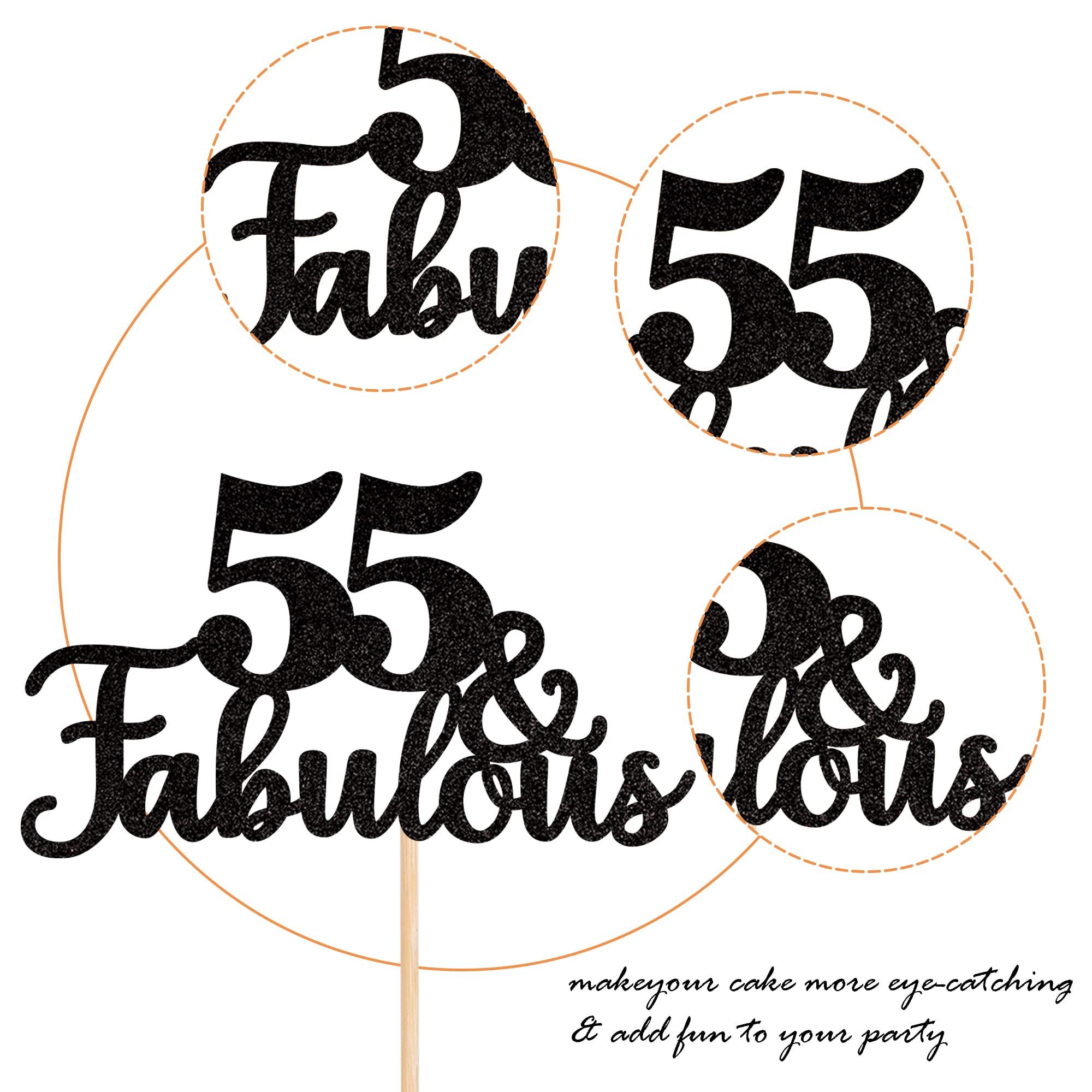 ZHUOWEISM 1 PCS 55 & Fabulous Cake Topper Glitter Fifty Five and Fabulous Cake Toppers Happy 55th Birthday Cake Pick for 55th Wedding Anniversary Birthday Party Cake Decorations Supplies Black