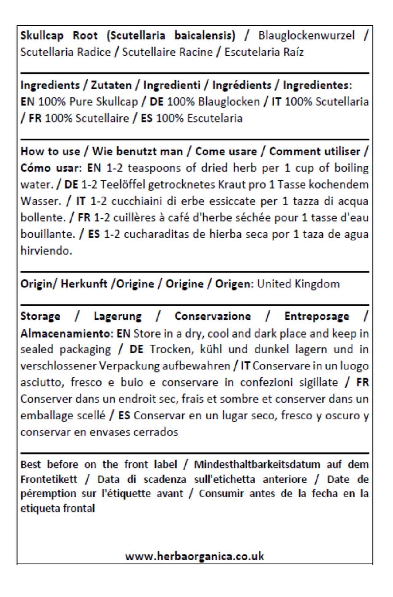 Herba Organica Herba Organica Skullcap Root | Scutellaria baicalensis | Pure and Natural Non-GMO | Perfect for Wellness Blends (50g)