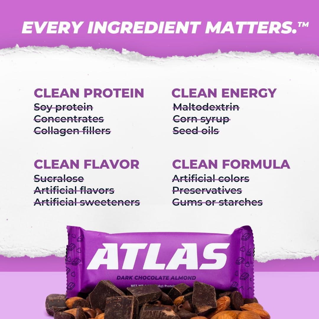 Atlas Protein Bar Atlas Protein Bar, 20g Protein, 1g Sugar, Clean Ingredients, Gluten Free (Dark Chocolate Almond, 12 Count (Pack of 2))