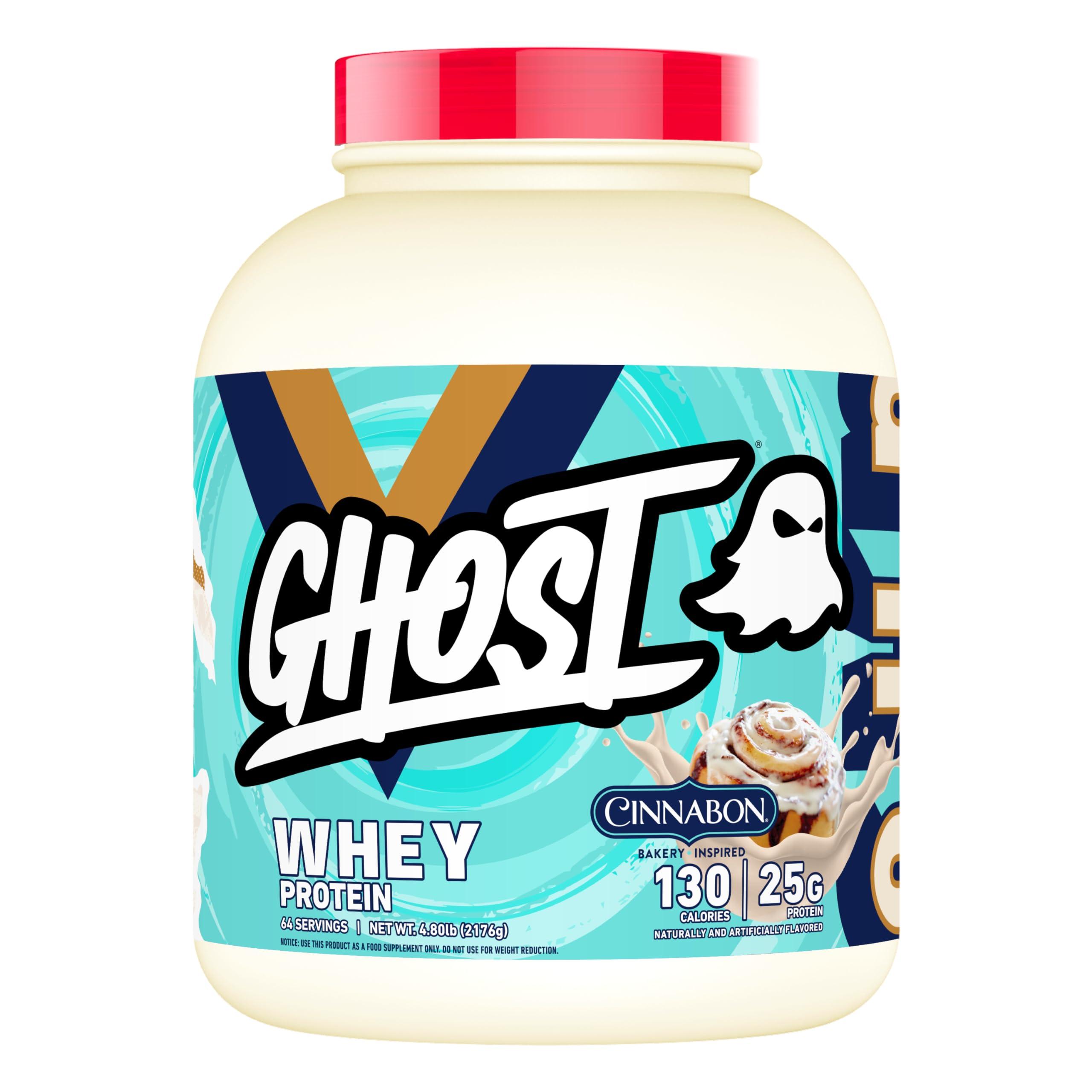 GHOST GHOST Whey Protein Powder, Cinnabon - 5LB Tub, 25G of Protein - Cinnamon Roll Flavored Isolate, Concentrate & Hydrolyzed Whey Protein Blend - Post Workout Shakes - Soy & Gluten Free